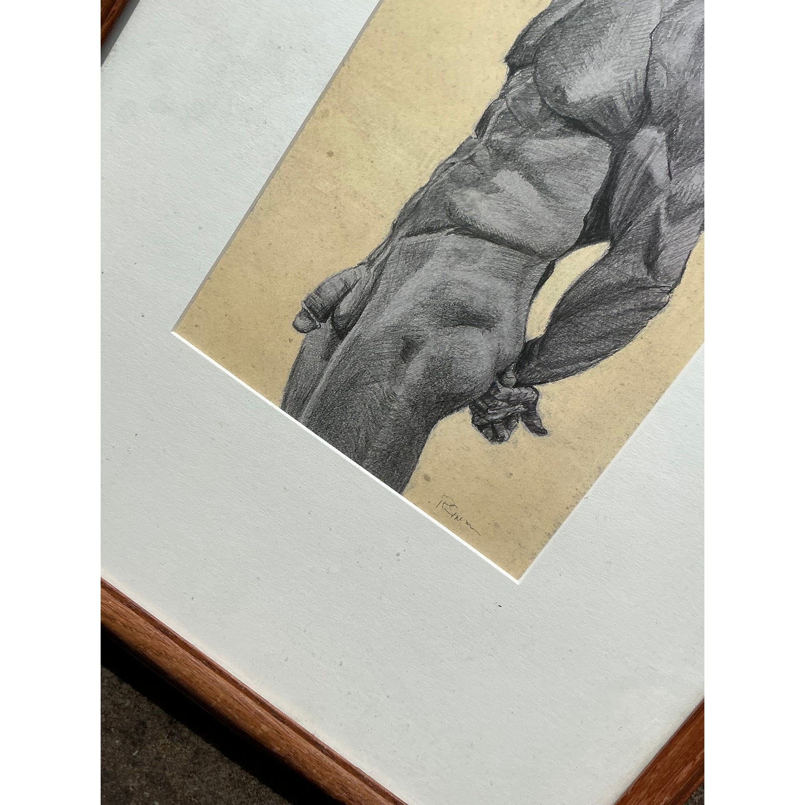 Vintage Boho Pencil Sketch Print of Male Nude - Detail view