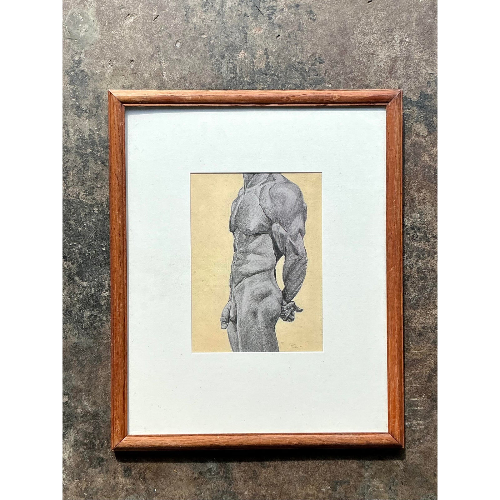 Vintage Boho Pencil Sketch Print of Male Nude - Side view