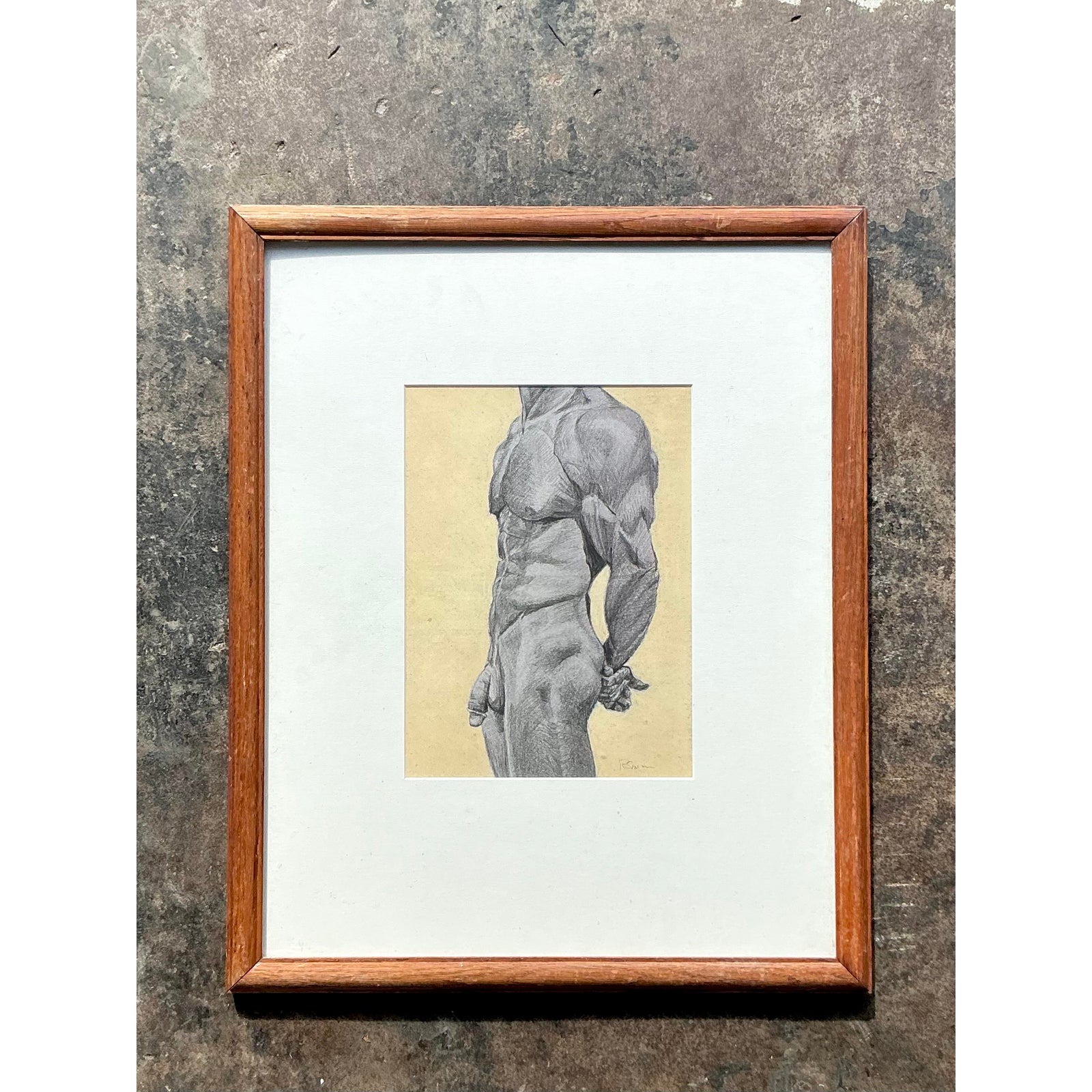 Vintage Boho Pencil Sketch Print of Male Nude - Back view