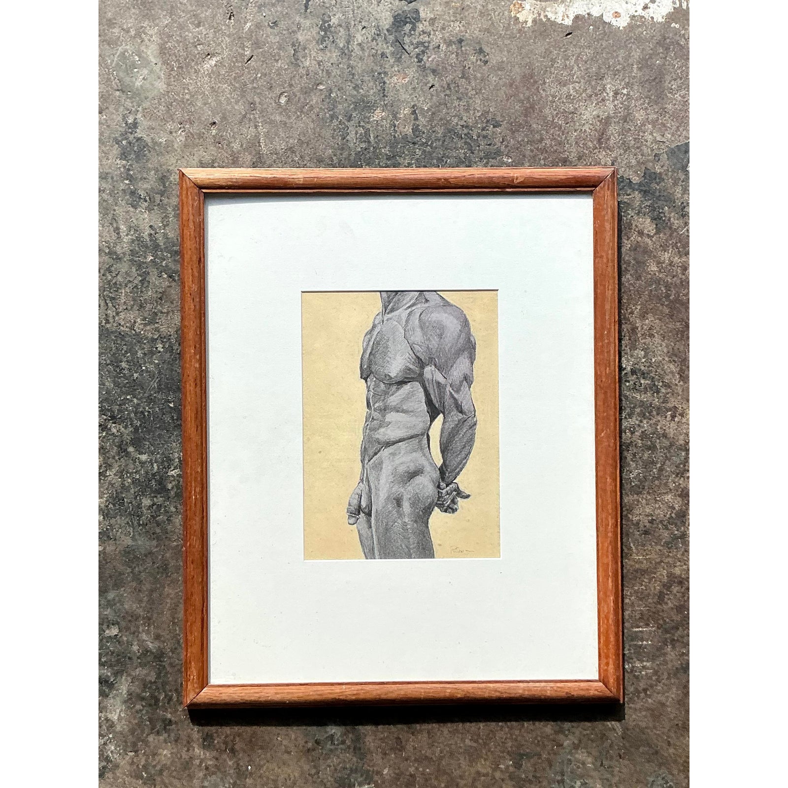 Vintage Boho Pencil Sketch Print of Male Nude - Top view