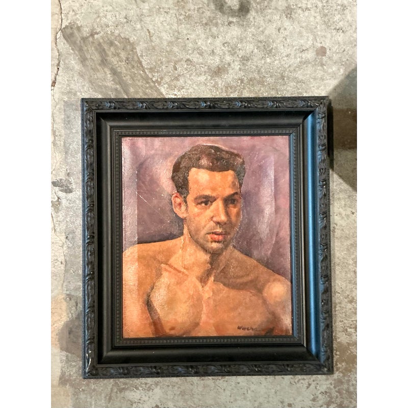 Vintage Boho Original Oil Portrait of Man on Canvas - Top view