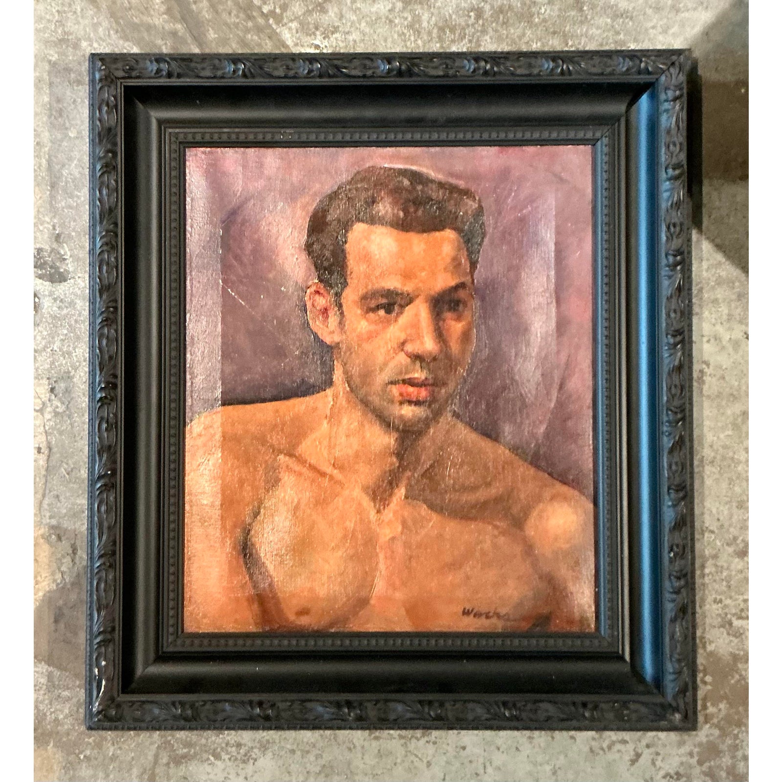 Vintage Boho Original Oil Portrait of Man on Canvas - Detail view