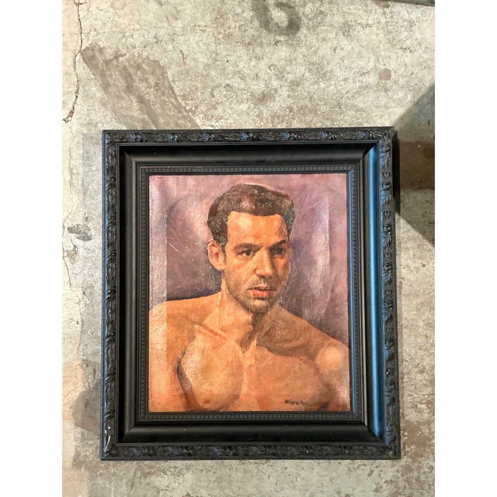 Vintage Boho Original Oil Portrait of Man on Canvas - Side view