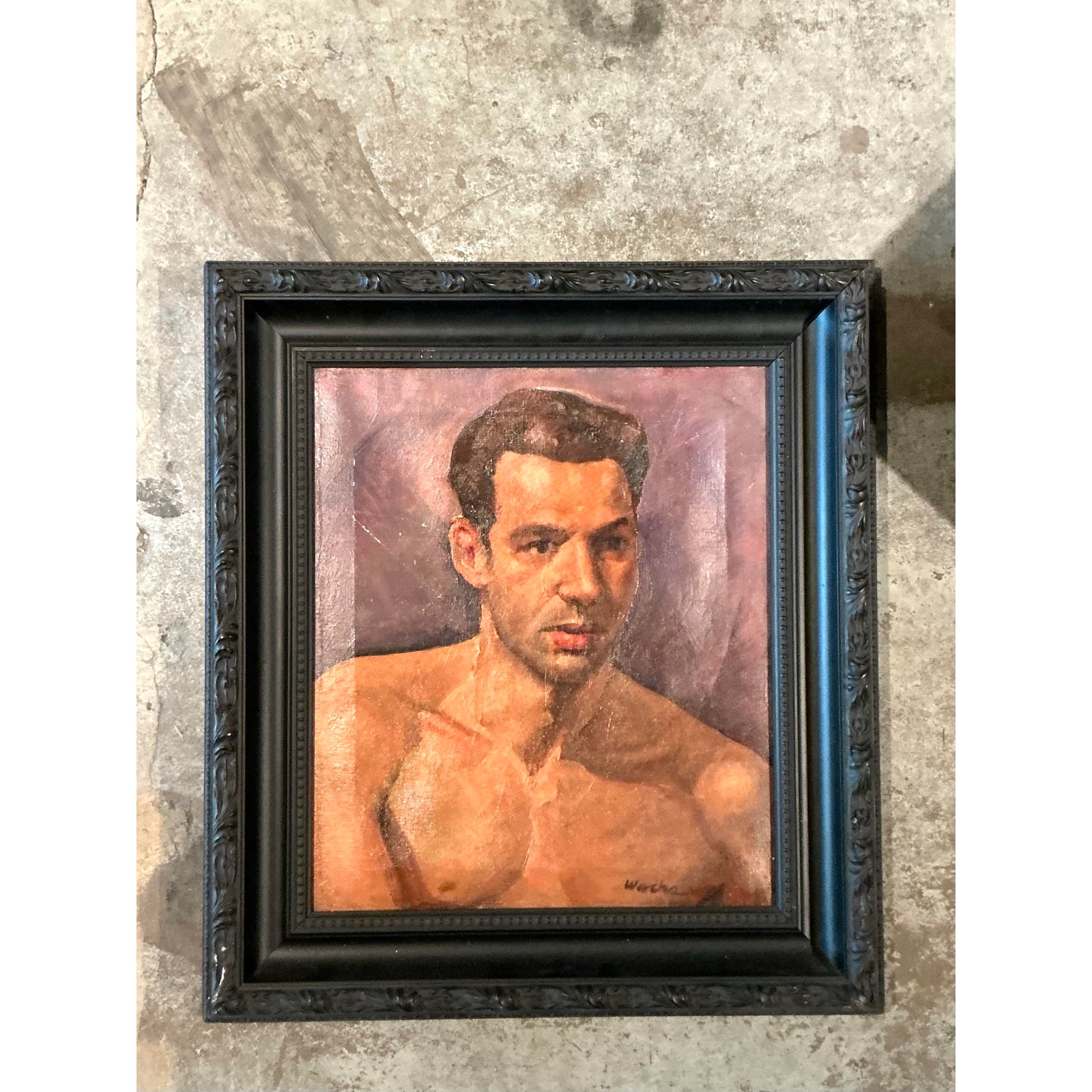 Vintage Boho Original Oil Portrait of Man on Canvas - Back view