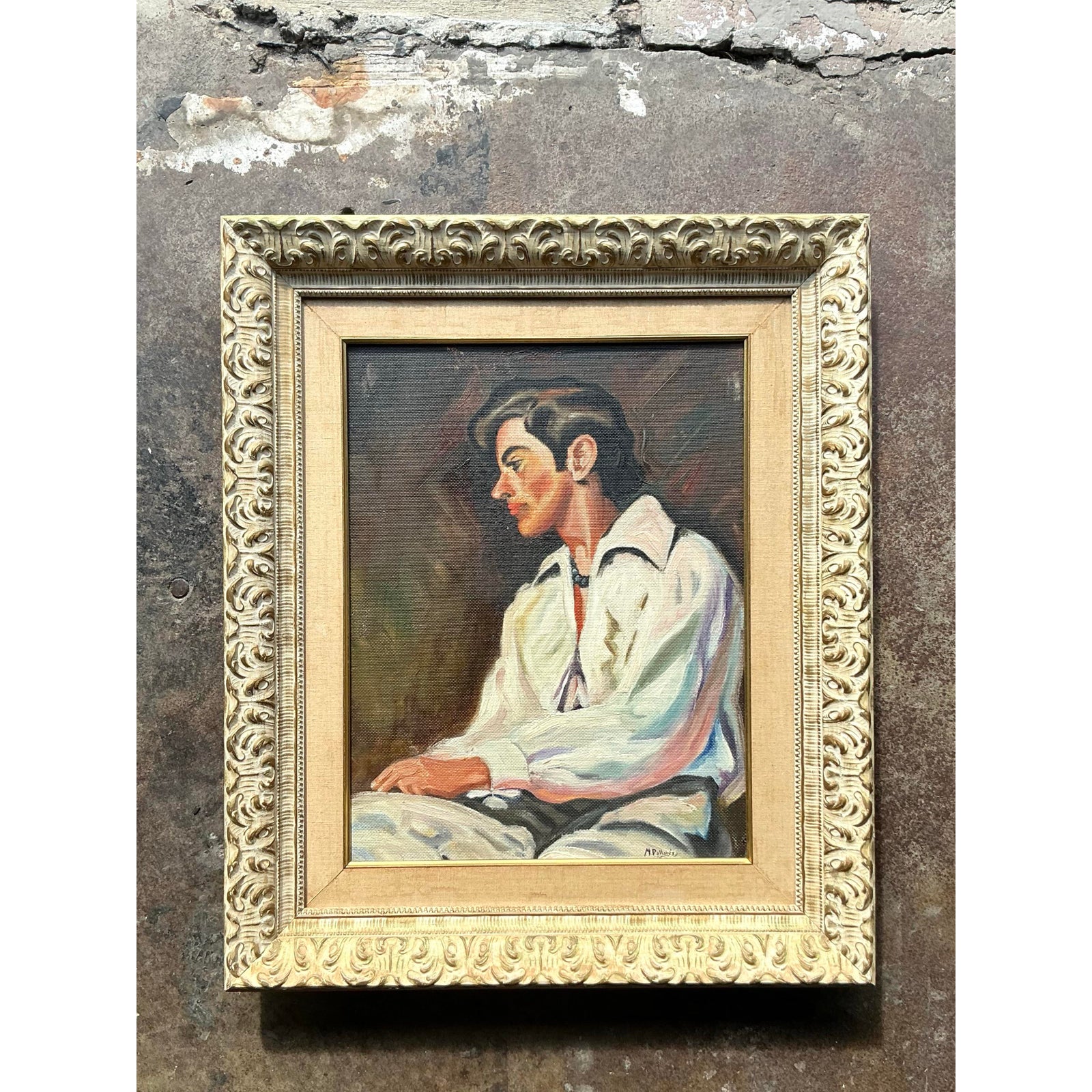 Vintage Boho Spanish Original Oil Portrait of Man - Side view