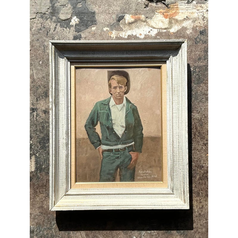 Vintage Boho Original Oil Portrait of Cowboy - Side view