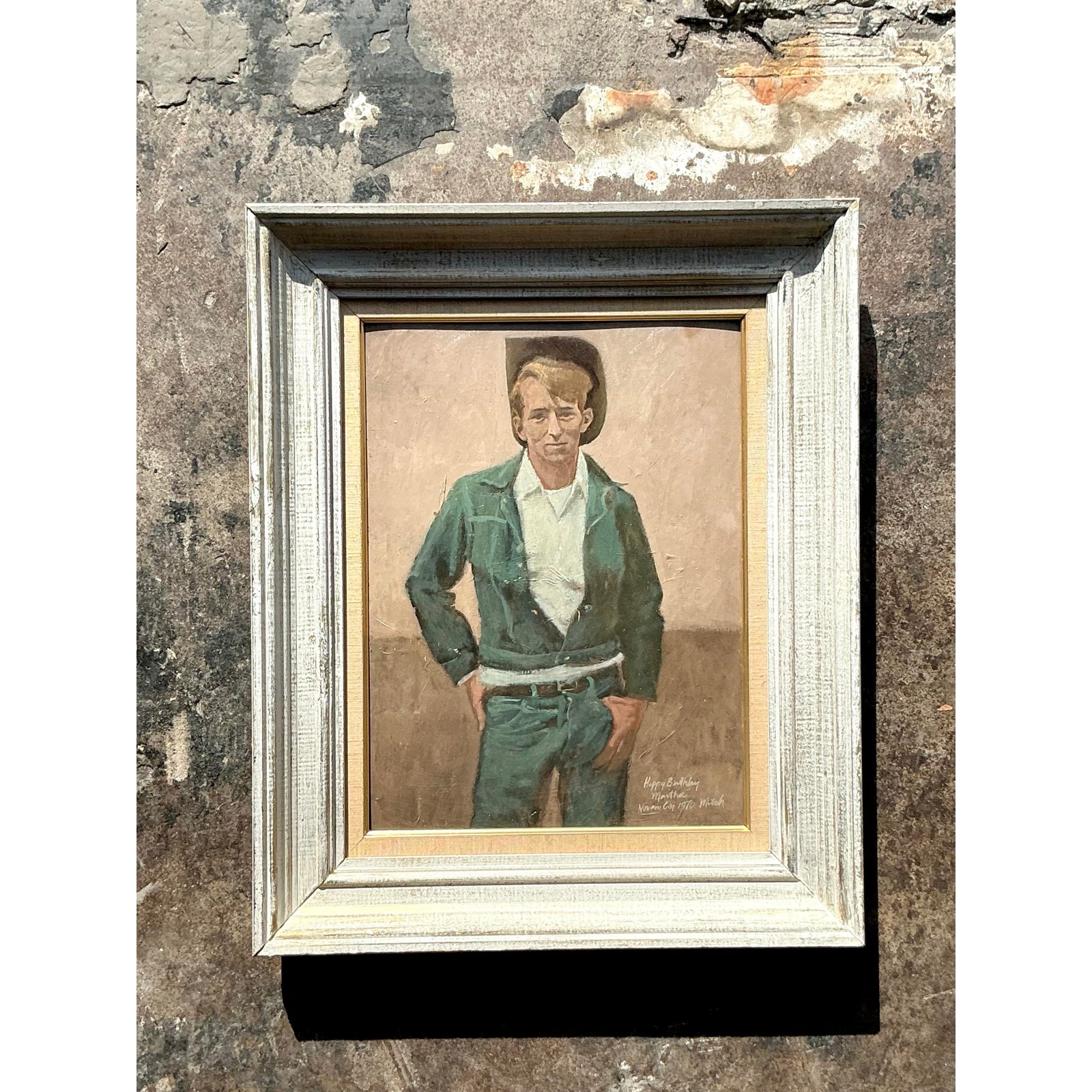 Vintage Boho Original Oil Portrait of Cowboy - Back view