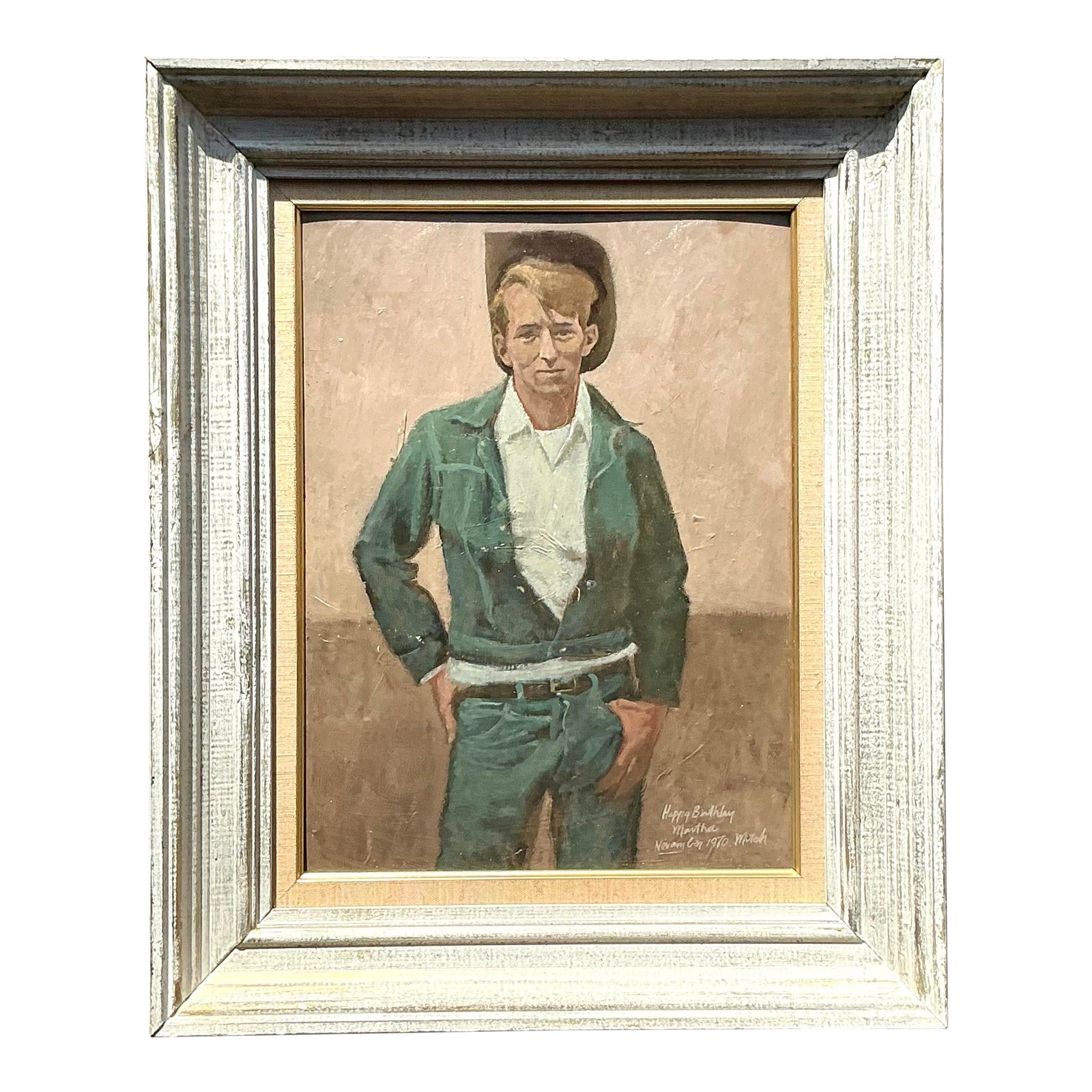 Vintage Boho Original Oil Portrait of Cowboy