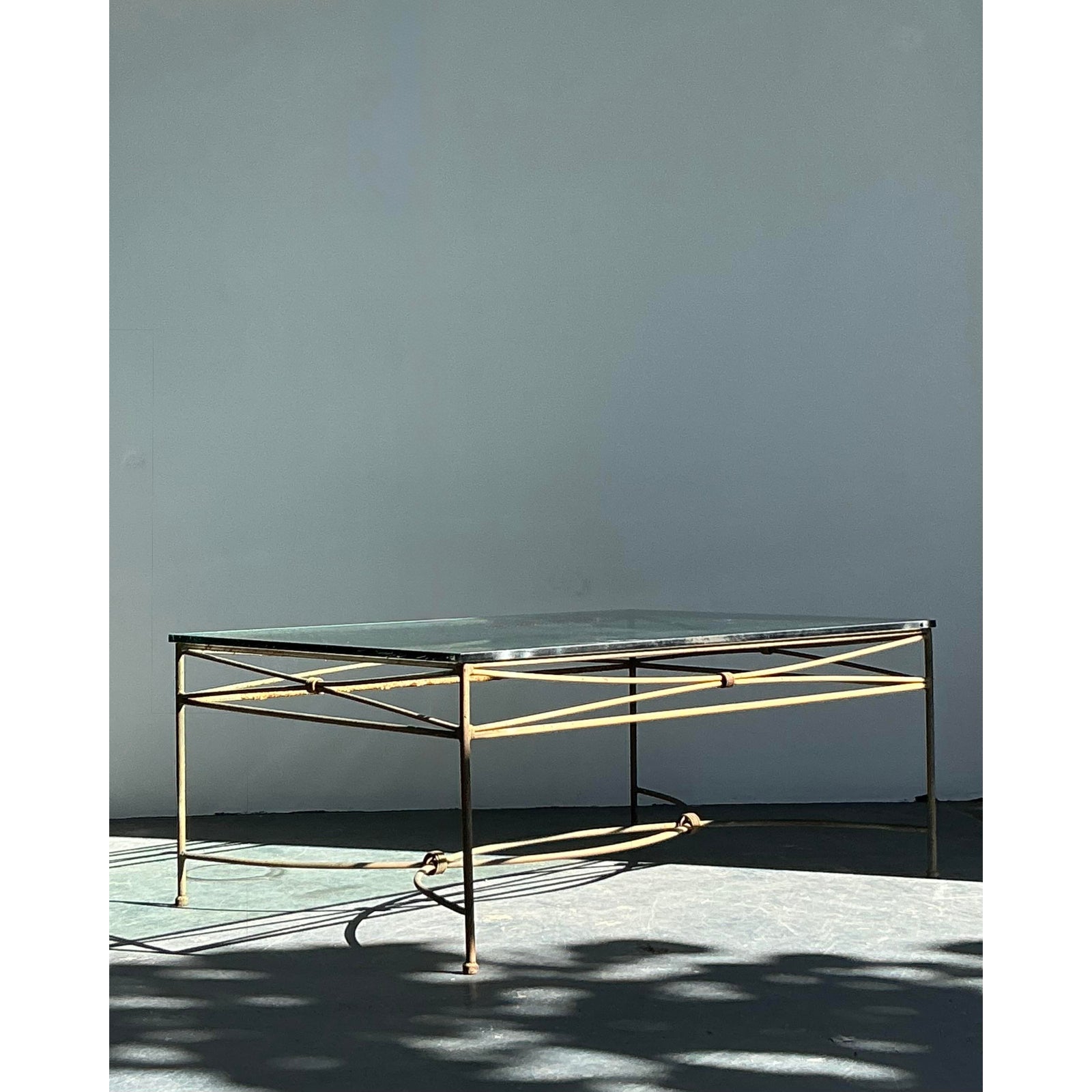 Vintage Boho Distressed Wrought Iron Coffee Table - Top view