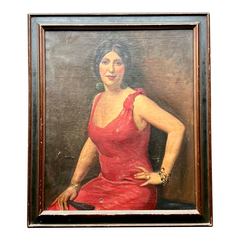 Vintage Boho Original Art Deco Oil Portrait of Woman