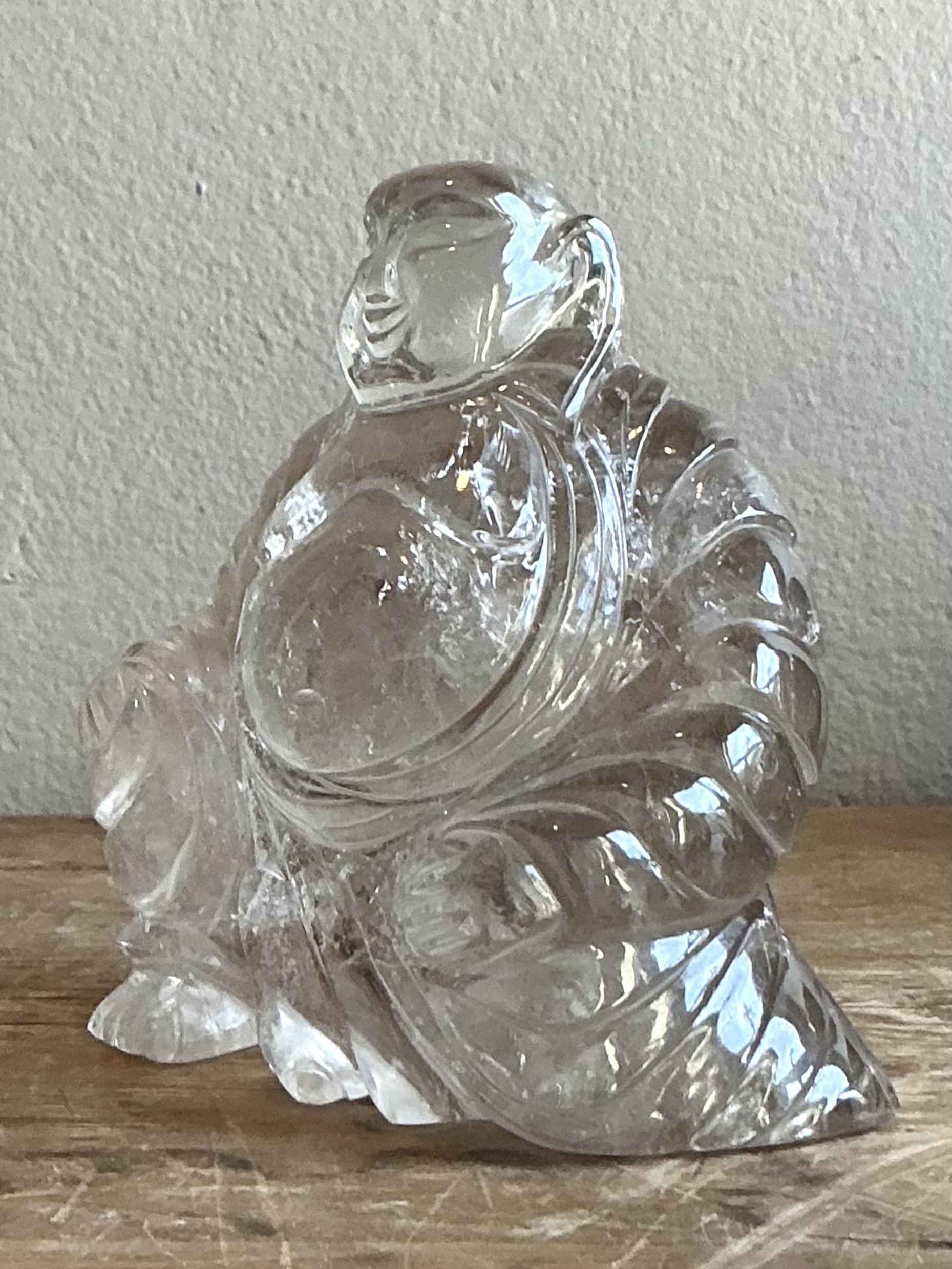 Vintage Boho Clear Quartz Carved Buddha - Side view