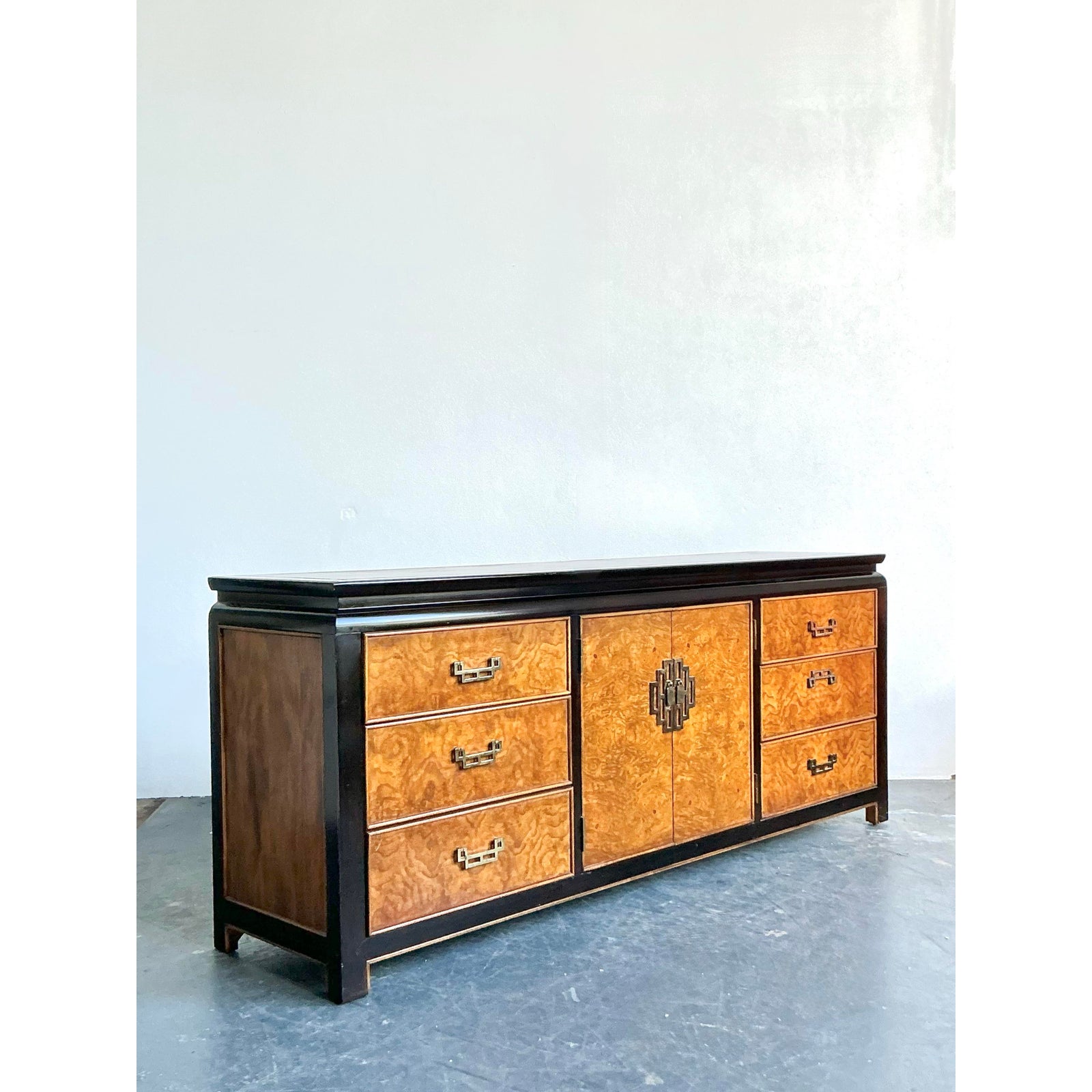 Vintage Regency Century Chin Hua Burl Pagoda Dresser - Side view