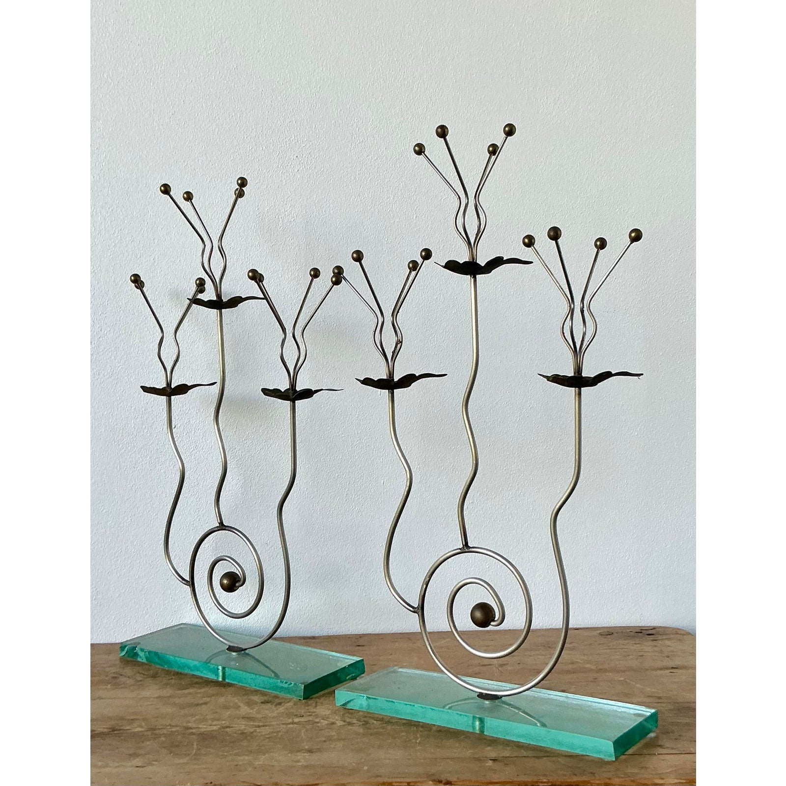 Vintage Postmodern Three Candle Candelabra After Tony Evans - A Pair - Top view