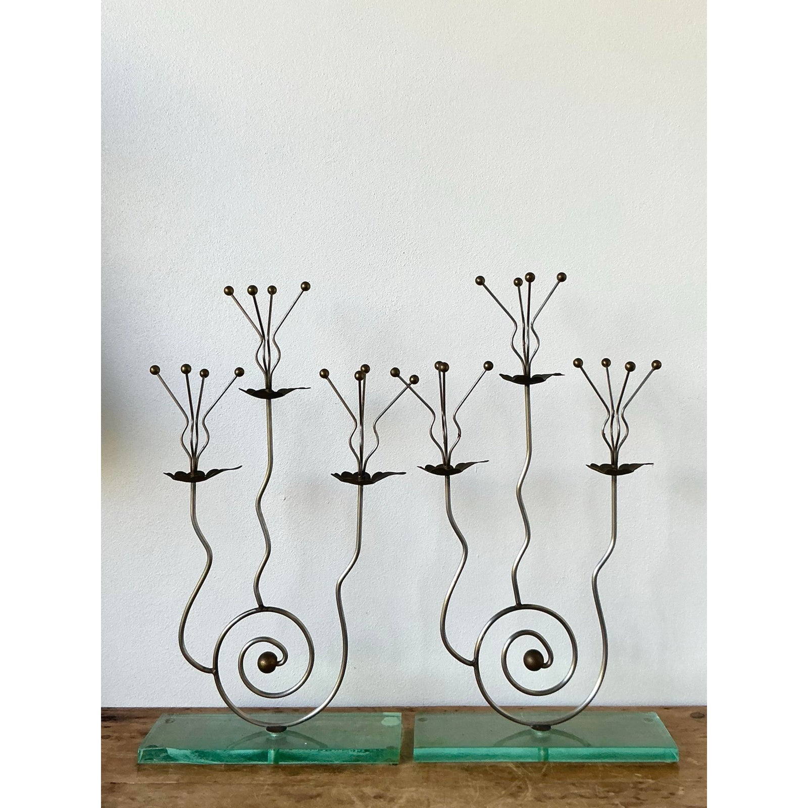Vintage Postmodern Three Candle Candelabra After Tony Evans - A Pair - Detail view