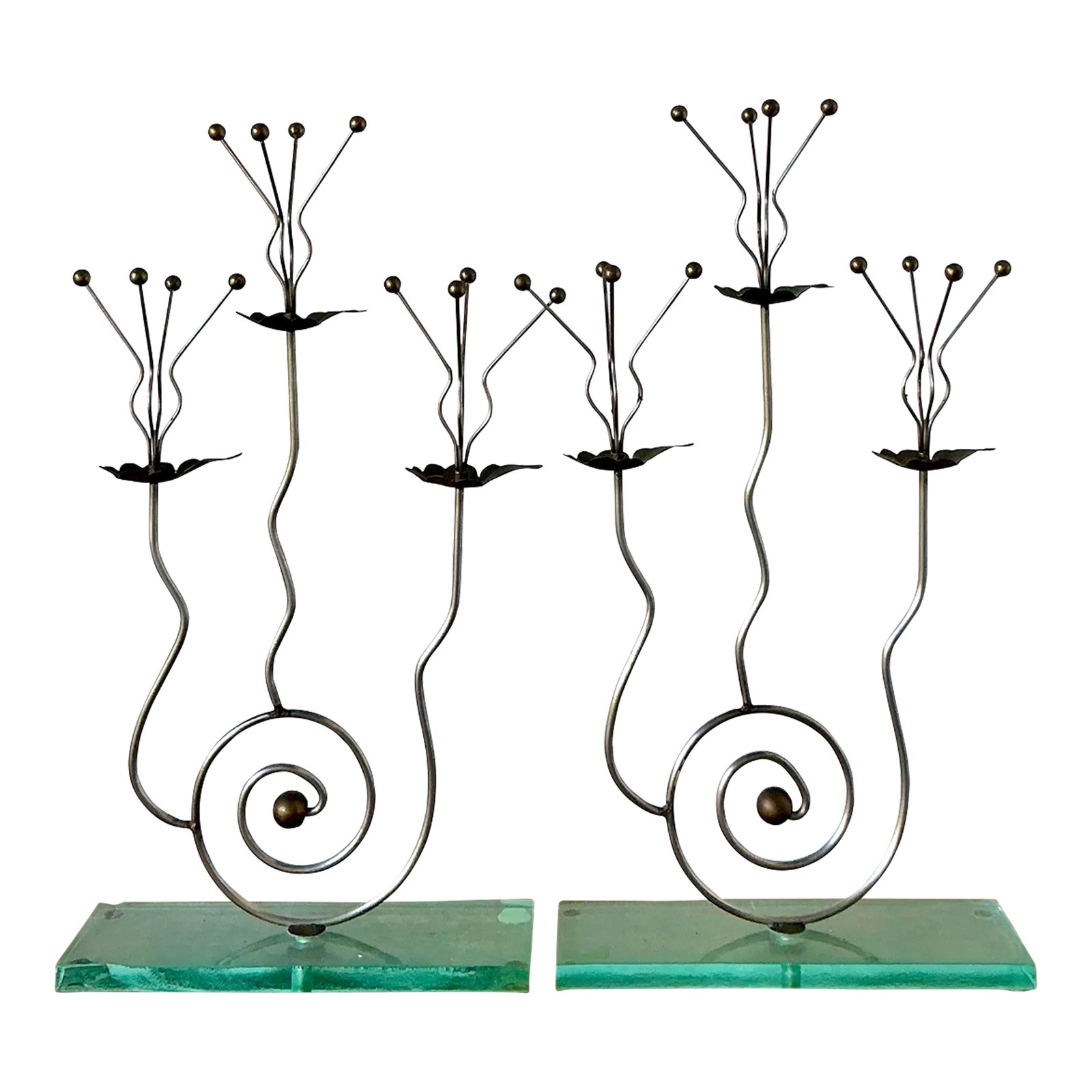 Vintage Postmodern Three Candle Candelabra After Tony Evans - A Pair