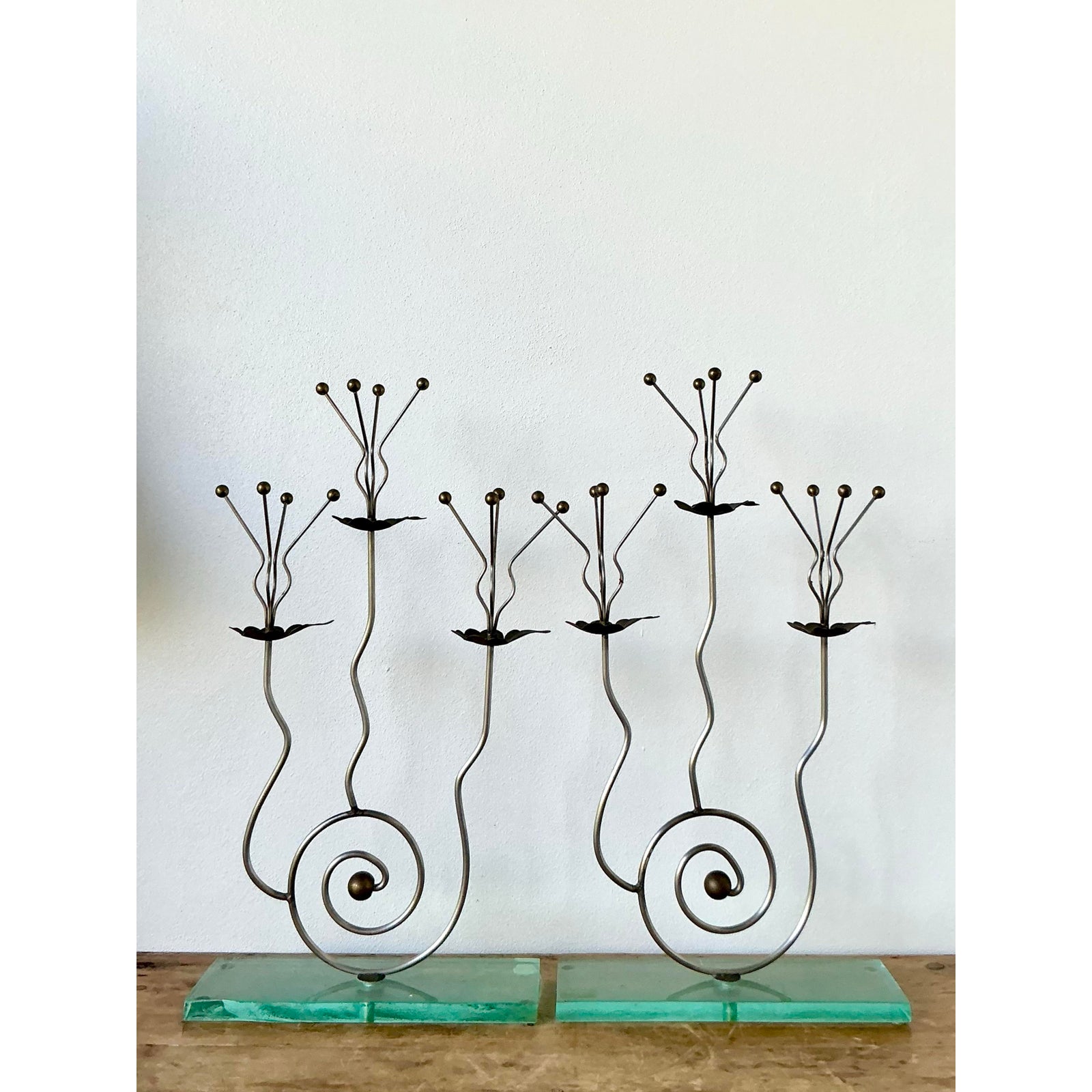 Vintage Postmodern Three Candle Candelabra After Tony Evans - A Pair - Side view