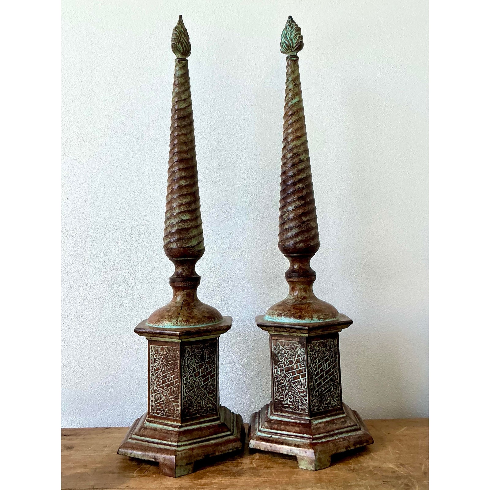 Vintage Boho Patinated Metal Obelisks - A Pair - Detail view