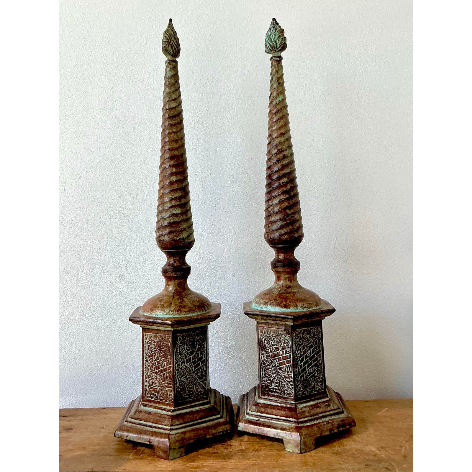 Vintage Boho Patinated Metal Obelisks - A Pair - Side view