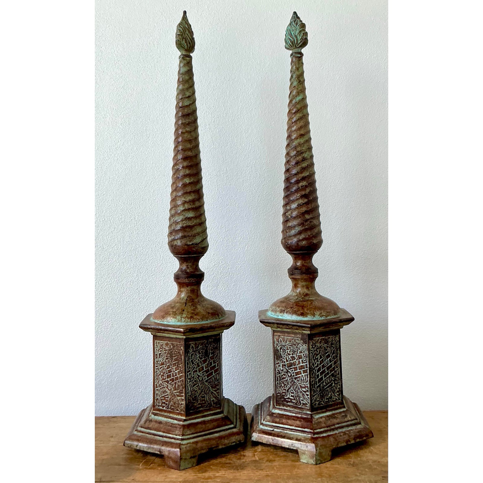 Vintage Boho Patinated Metal Obelisks - A Pair - Back view