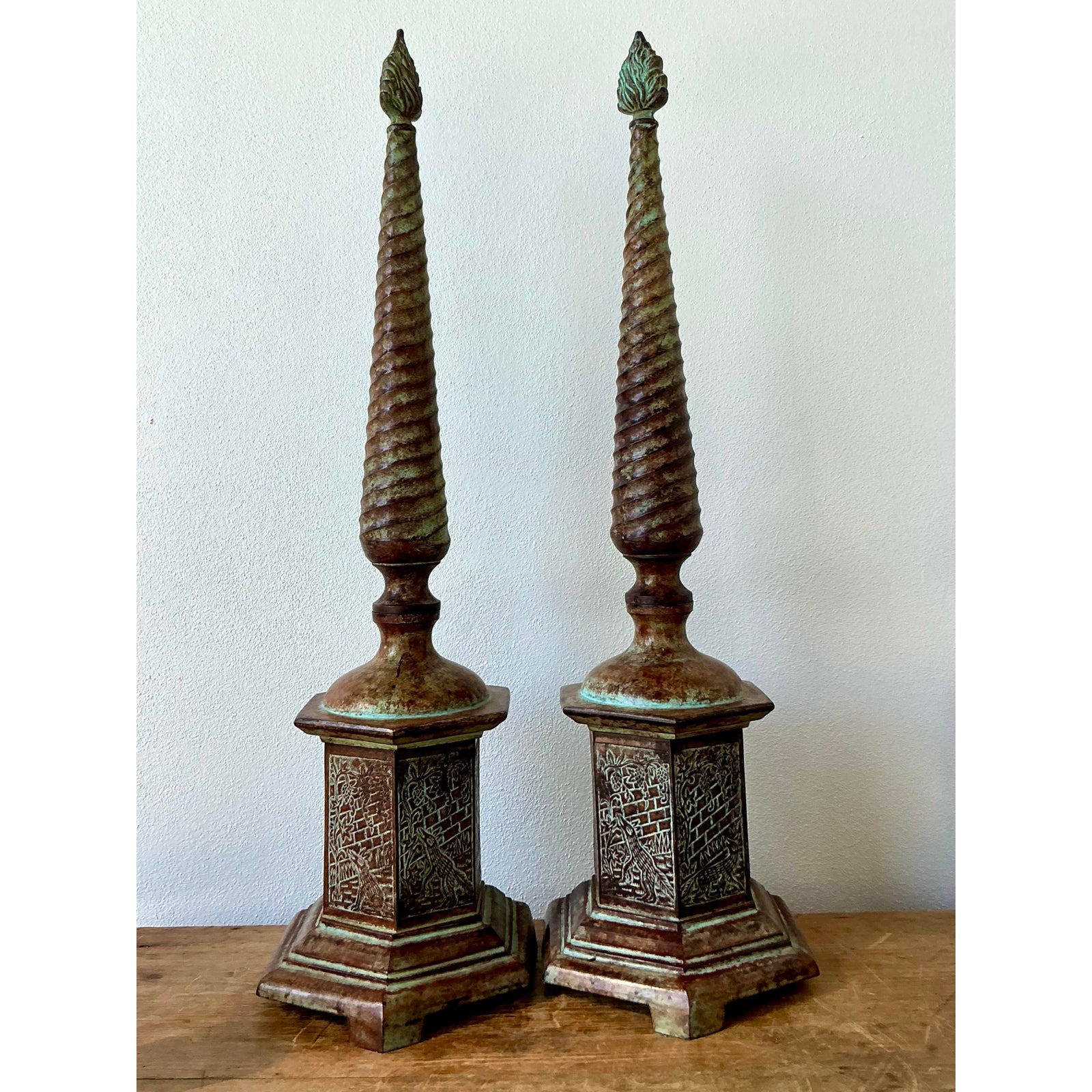Vintage Boho Patinated Metal Obelisks - A Pair - Top view
