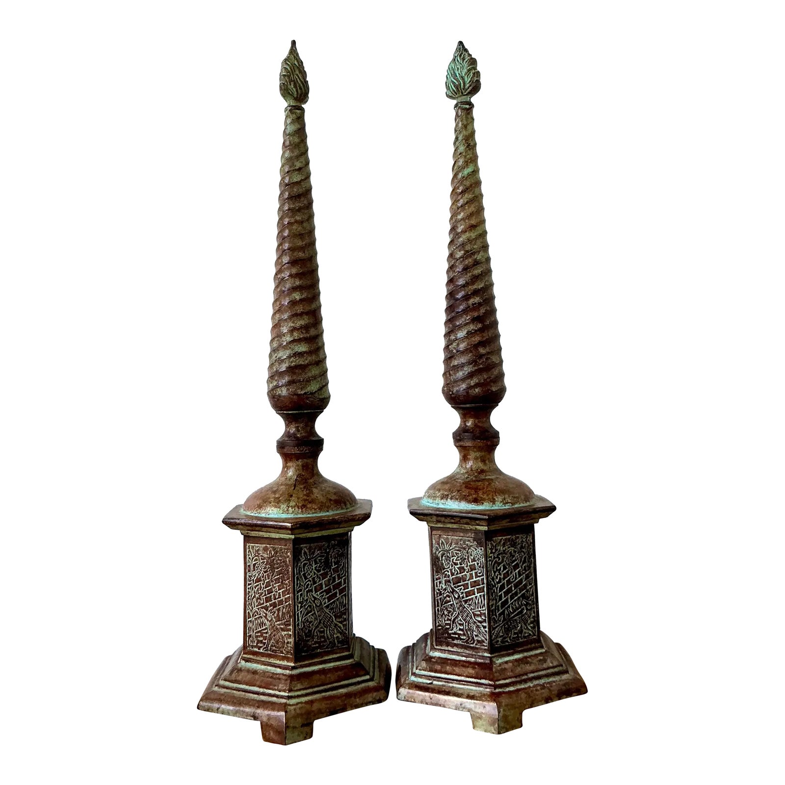 Vintage Boho Patinated Metal Obelisks - A Pair