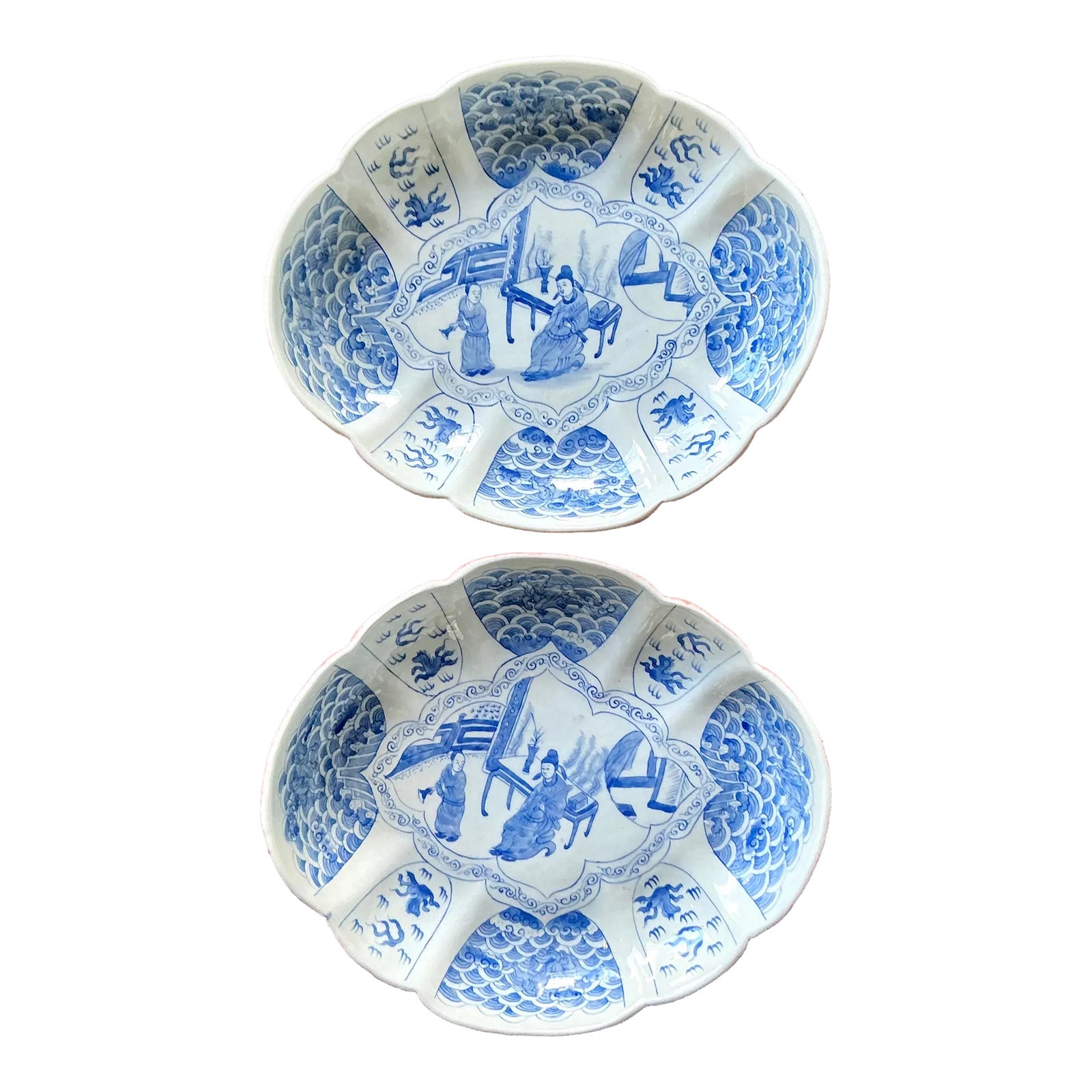 Vintage Asian Scalloped Blue and White Bowl -a Pair