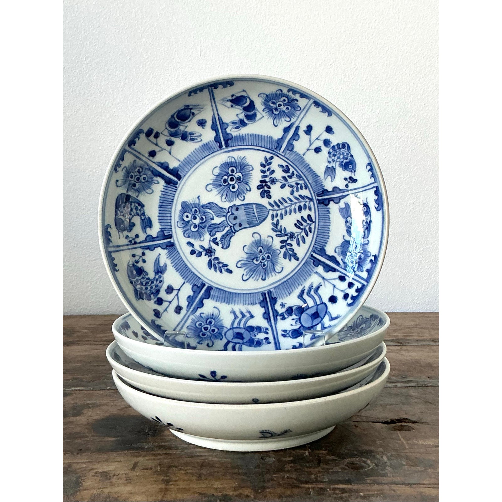 Vintage Asian Floral Glazed Ceramic Plates - Set of 4 - Side view