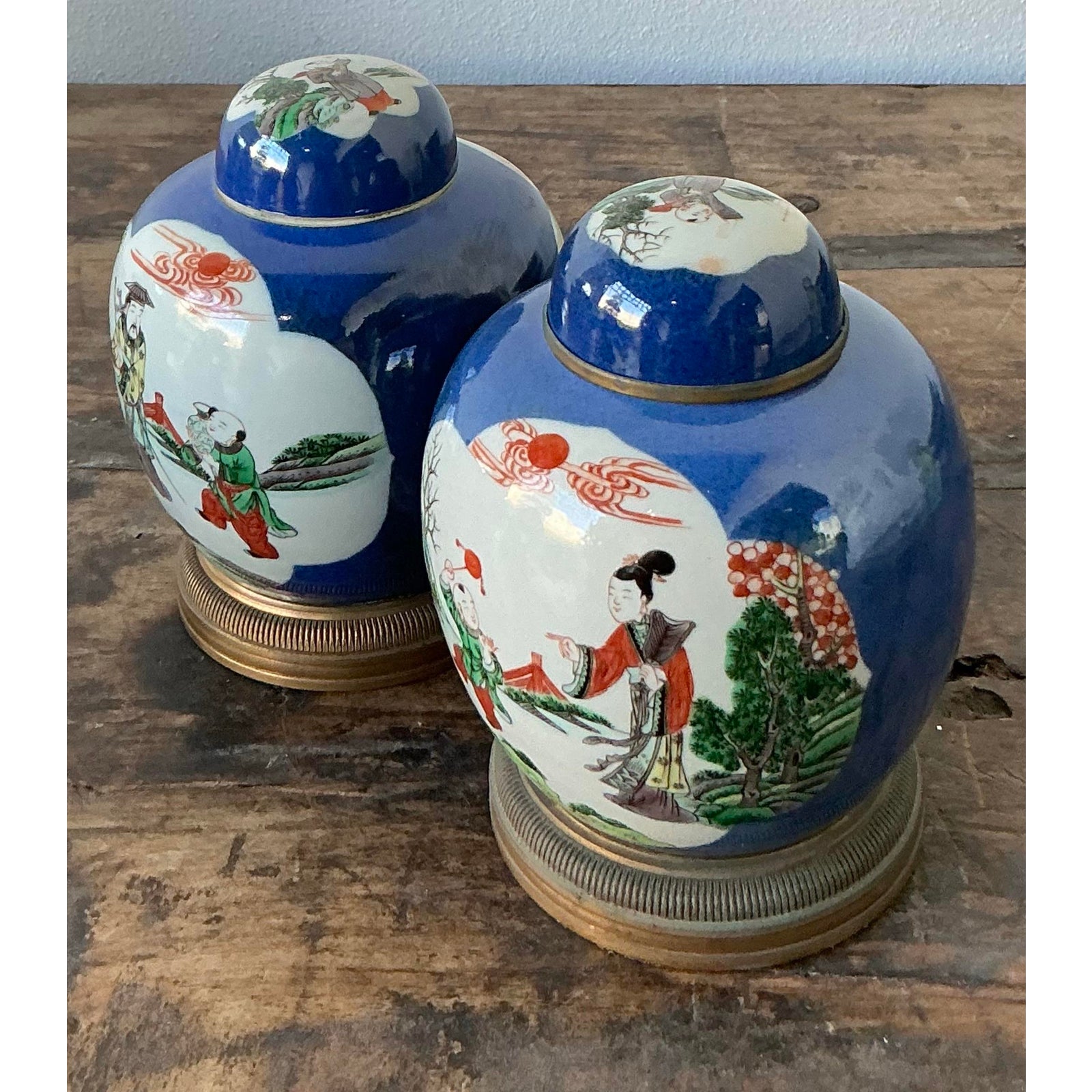 Vintage Asian Famile Verte Lidded Ceramic Jars - A Pair - Top view