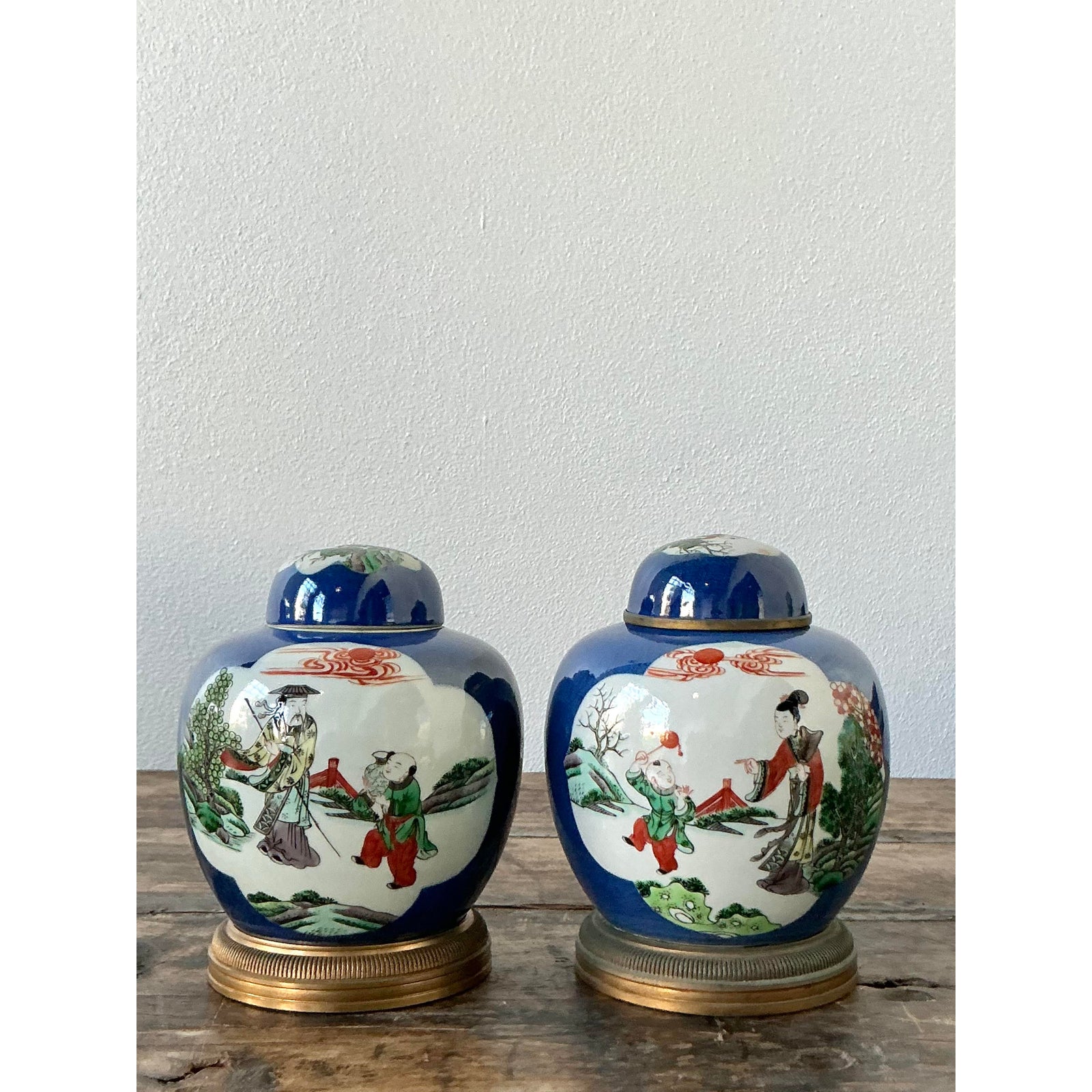 Vintage Asian Famile Verte Lidded Ceramic Jars - A Pair - Back view