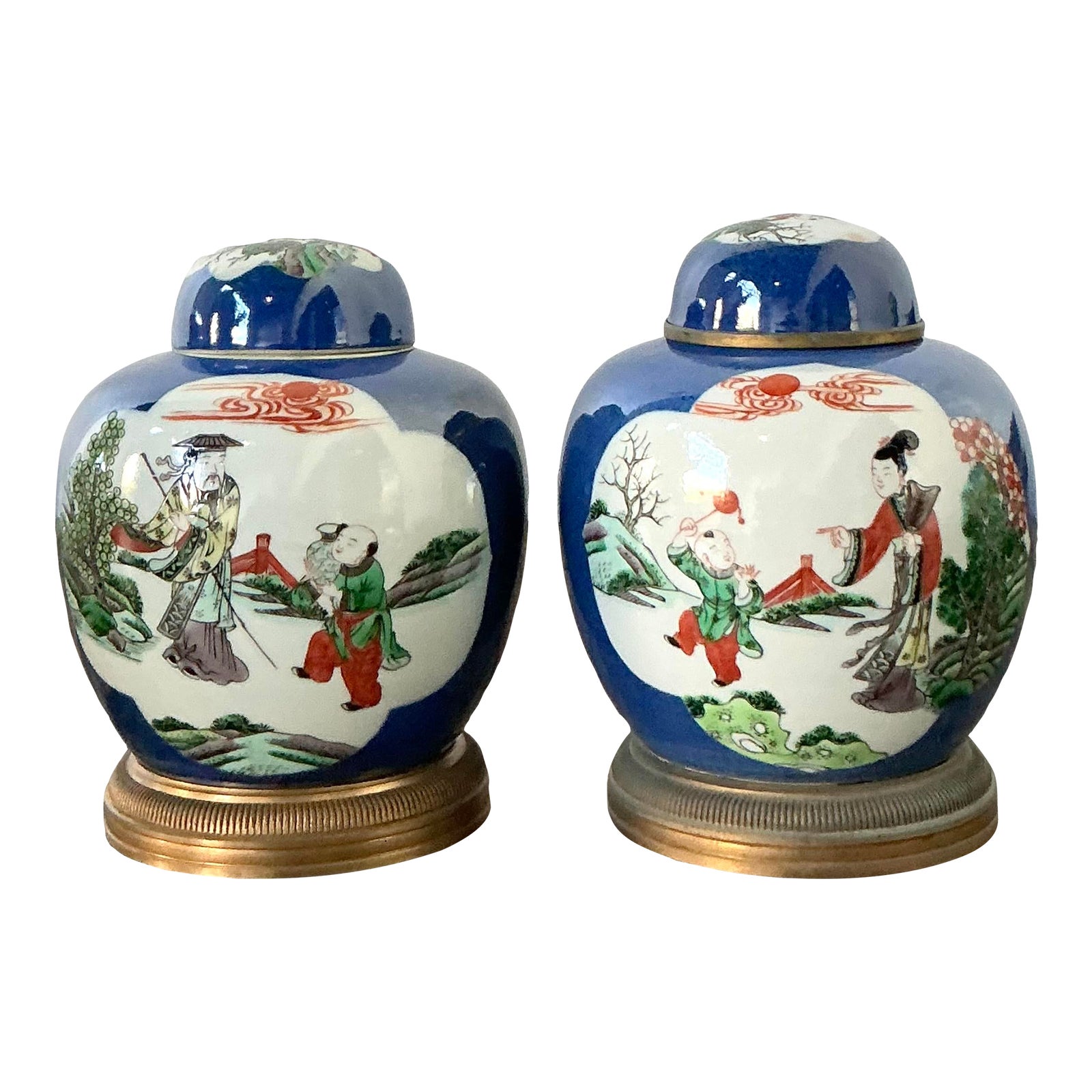 Vintage Asian Famile Verte Lidded Ceramic Jars - A Pair
