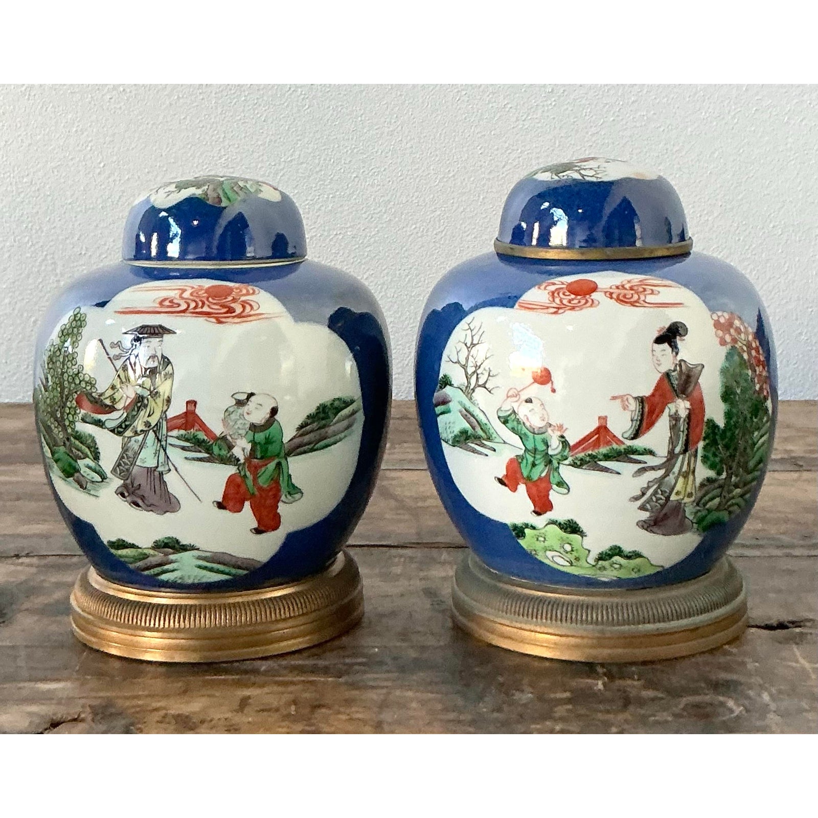 Vintage Asian Famile Verte Lidded Ceramic Jars - A Pair - Detail view