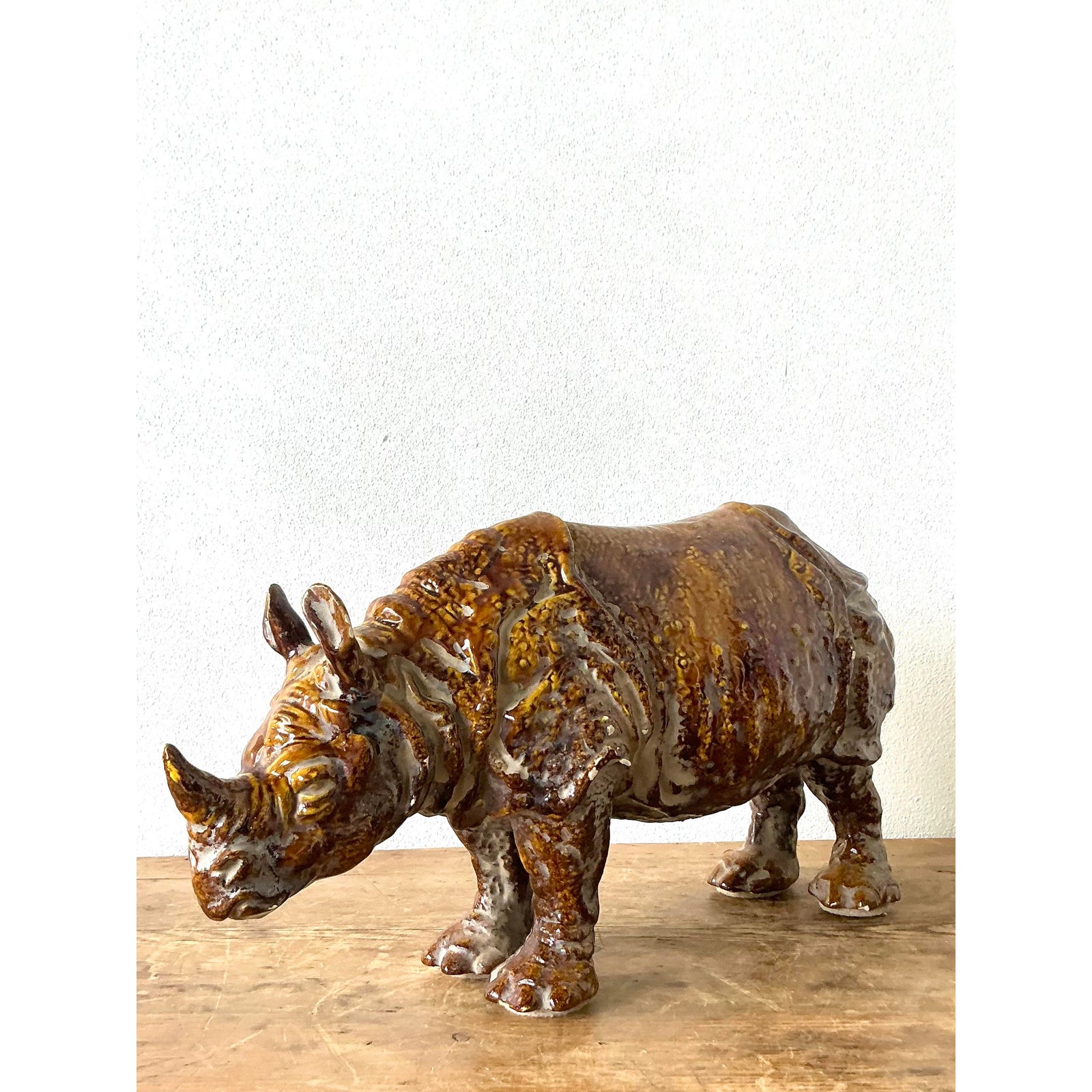 Vintage 60s Italian Glazed Ceramic Rhino - Back view