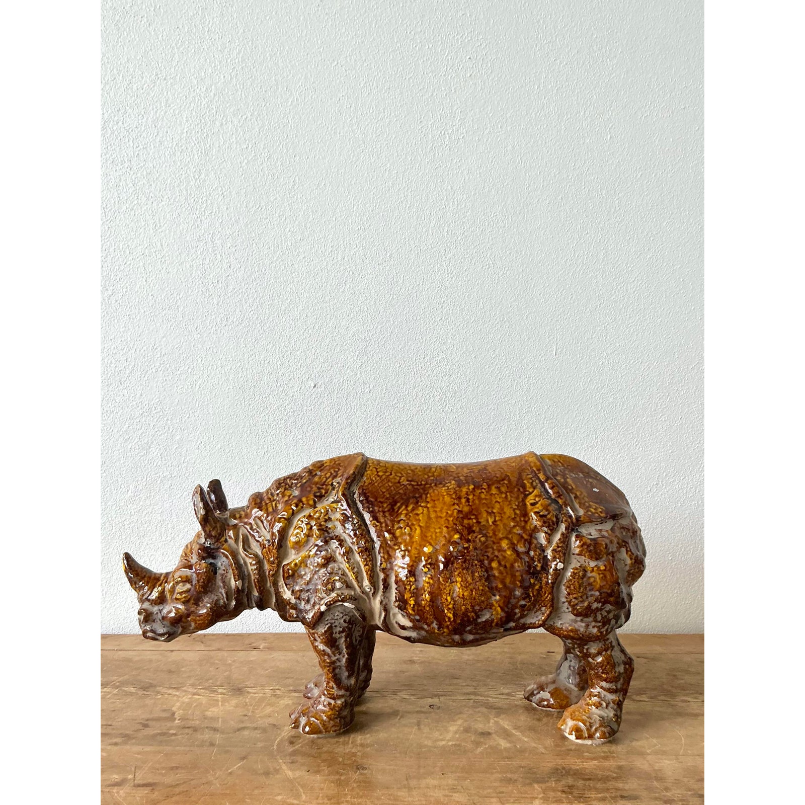 Vintage 60s Italian Glazed Ceramic Rhino - Side view