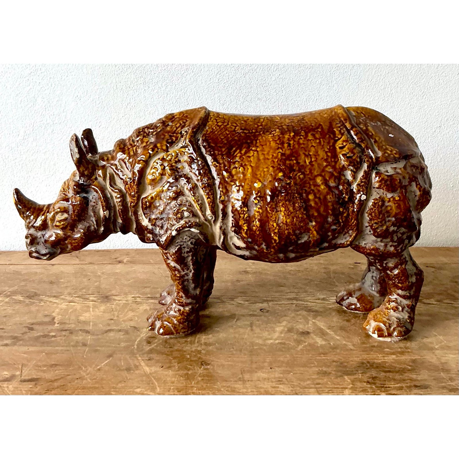 Vintage 60s Italian Glazed Ceramic Rhino - Detail view