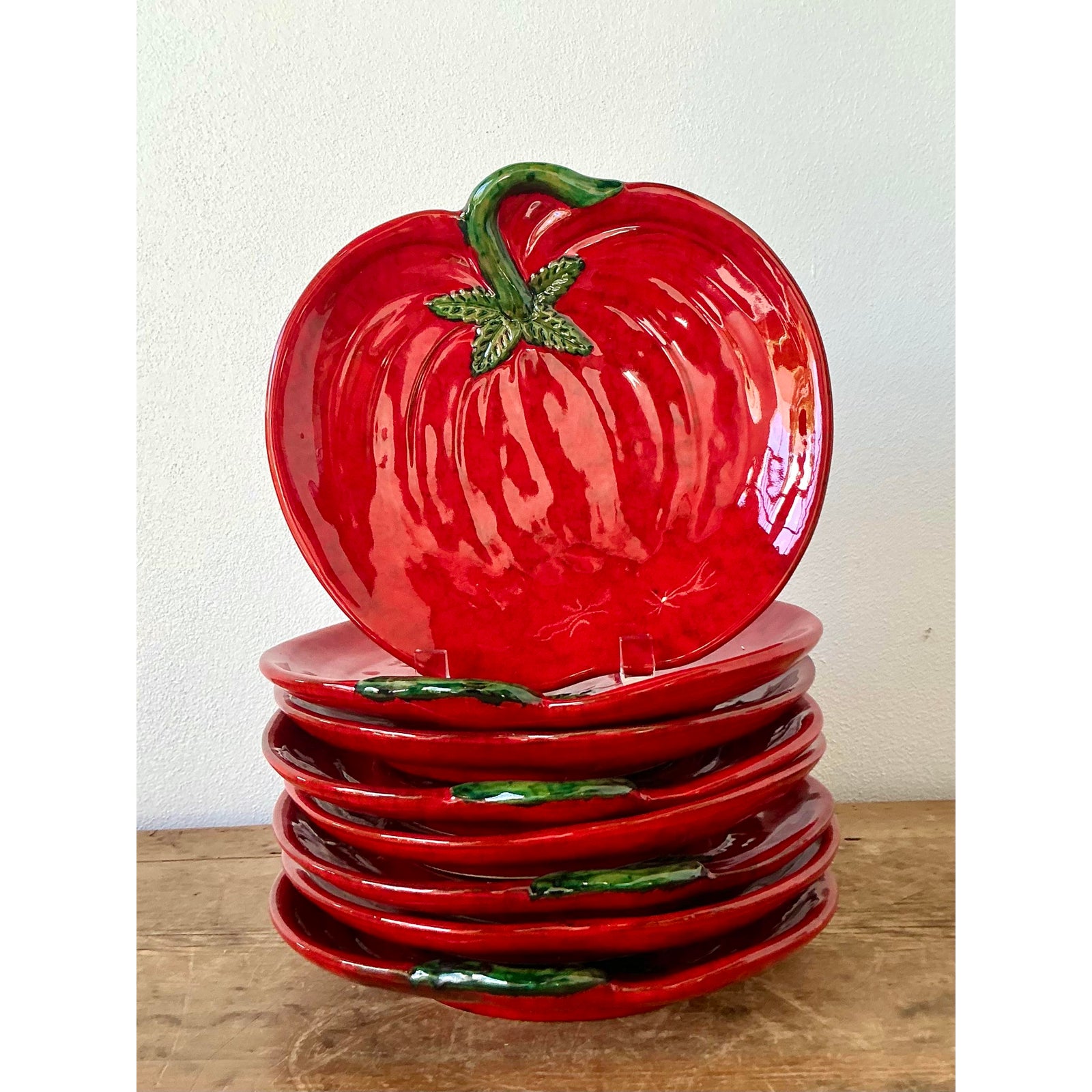 Vintage 1960s Italian Glazed Ceramic Tomato Plates - Set of 8 - Top view