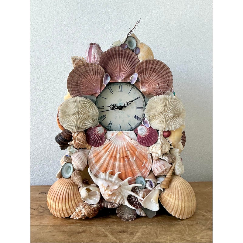 Vintage Boho Shell Encrusted Mantle Clock - Back view