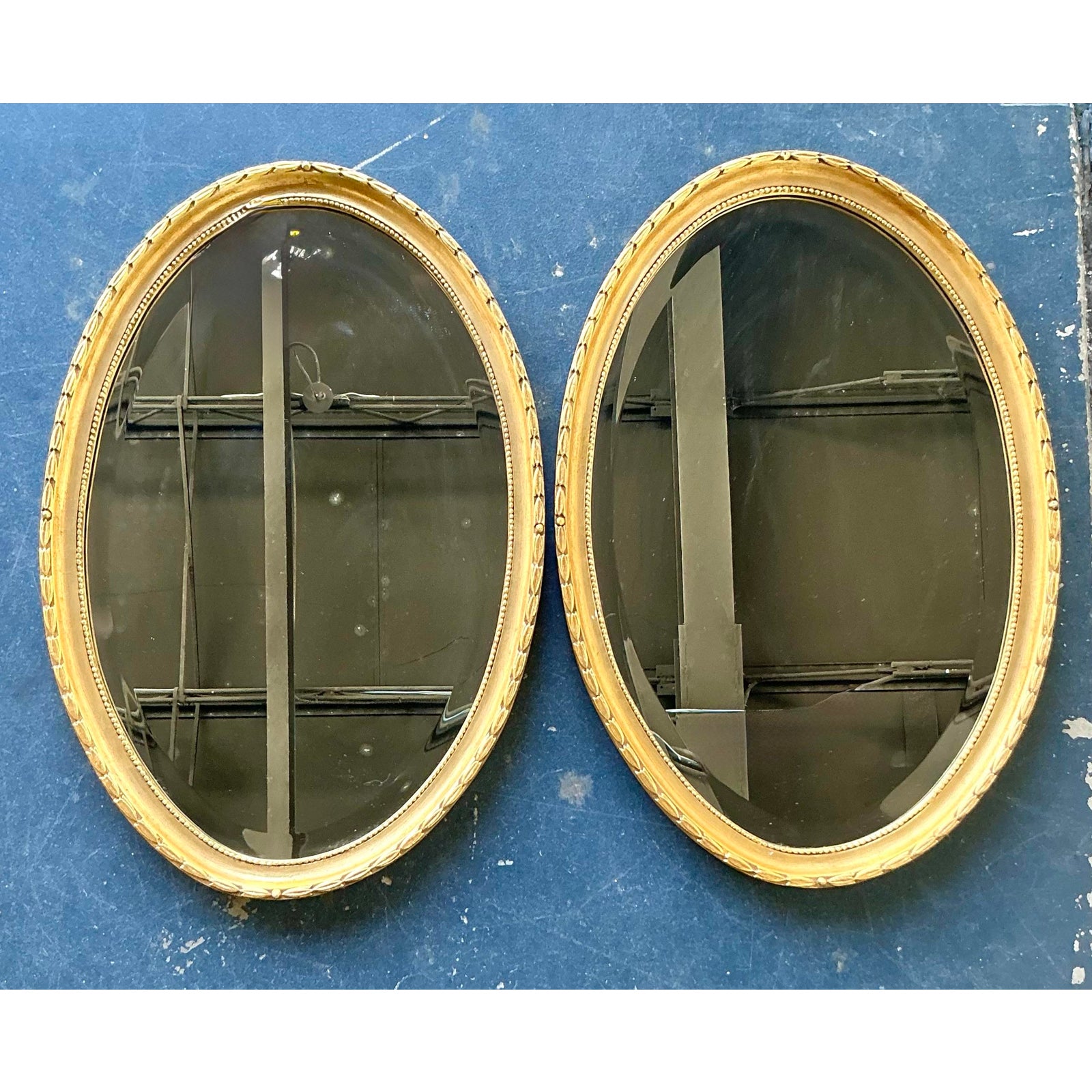 Vintage Boho Gilt Laurel Leaf Oval Mirror - A Pair - Side view