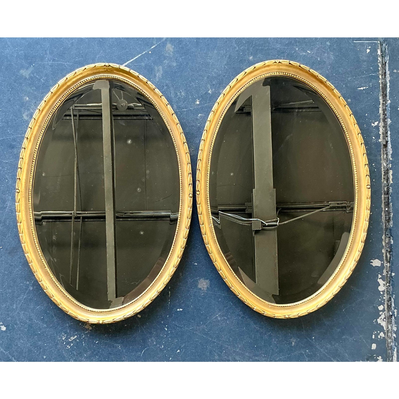 Vintage Boho Gilt Laurel Leaf Oval Mirror - A Pair - Back view