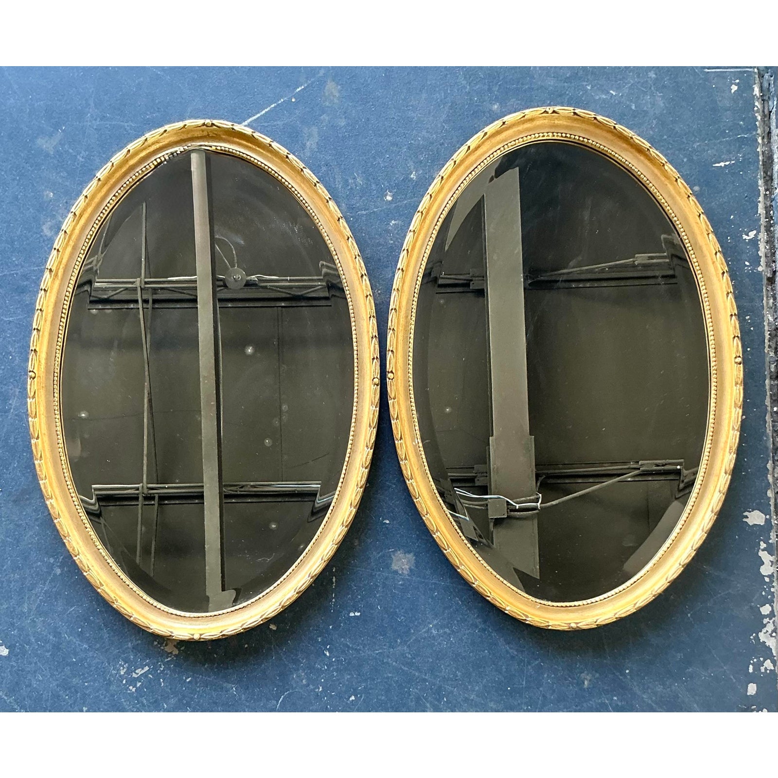 Vintage Boho Gilt Laurel Leaf Oval Mirror - A Pair - Top view