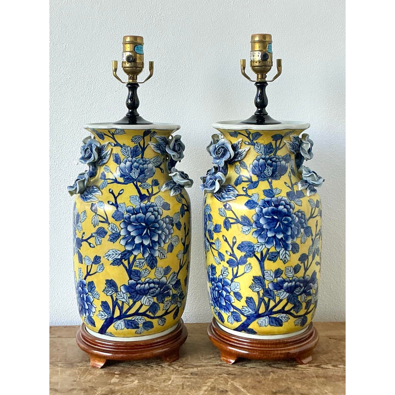 Vintage Boho Blue Rose Glazed Ceramic Vase Lamps - A Pair - Detail view