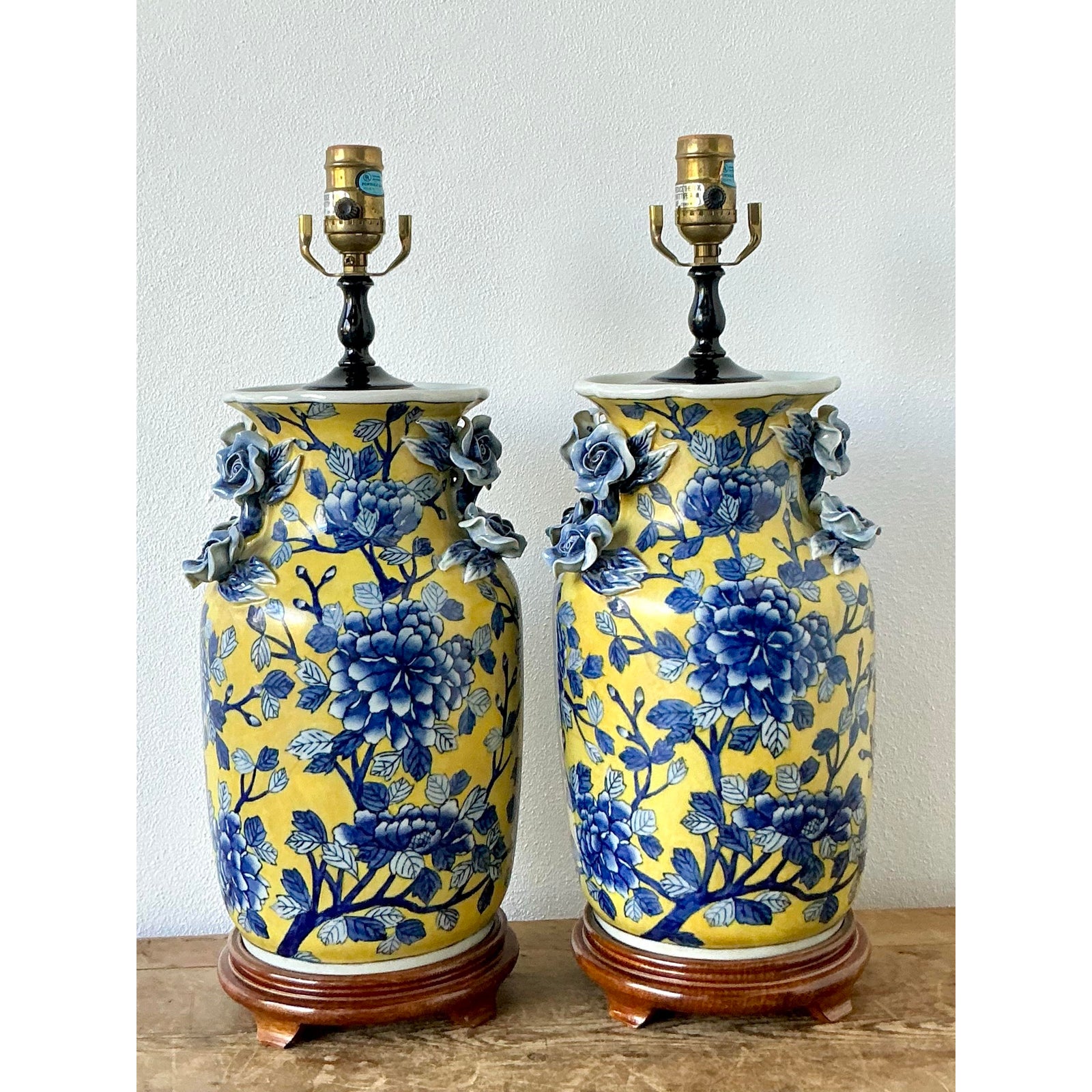 Vintage Boho Blue Rose Glazed Ceramic Vase Lamps - A Pair - Side view