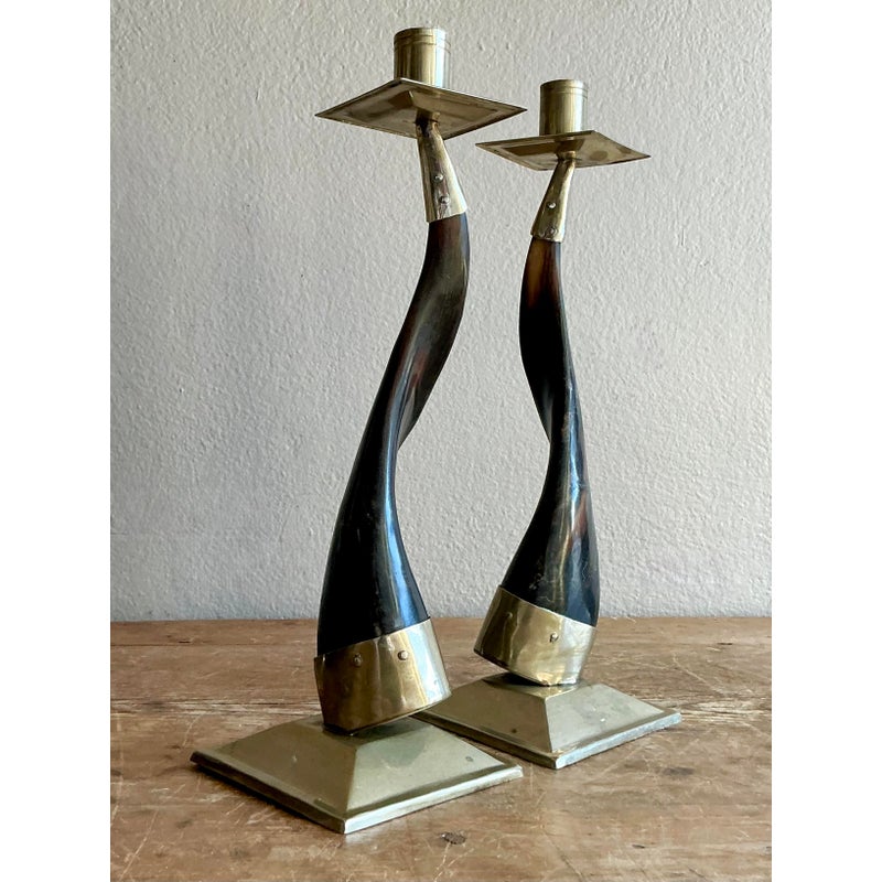 Vintage Boho Horn Candlesticks - A Pair - Detail view