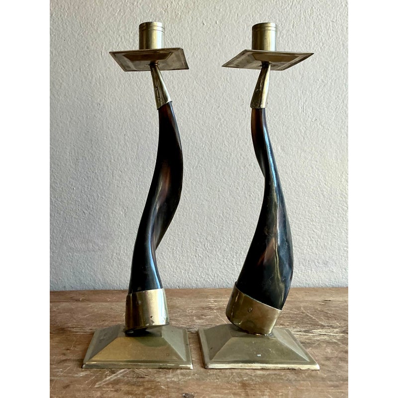 Vintage Boho Horn Candlesticks - A Pair - Side view
