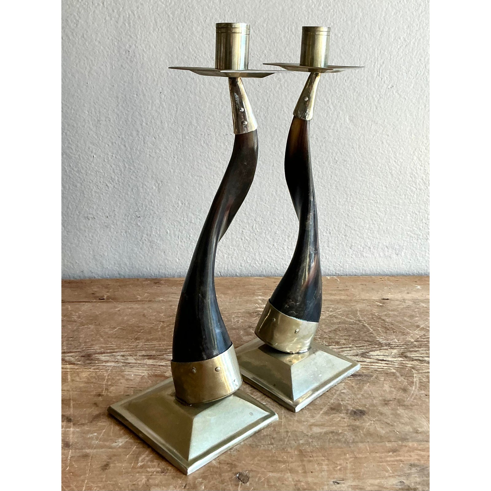 Vintage Boho Horn Candlesticks - A Pair - Back view