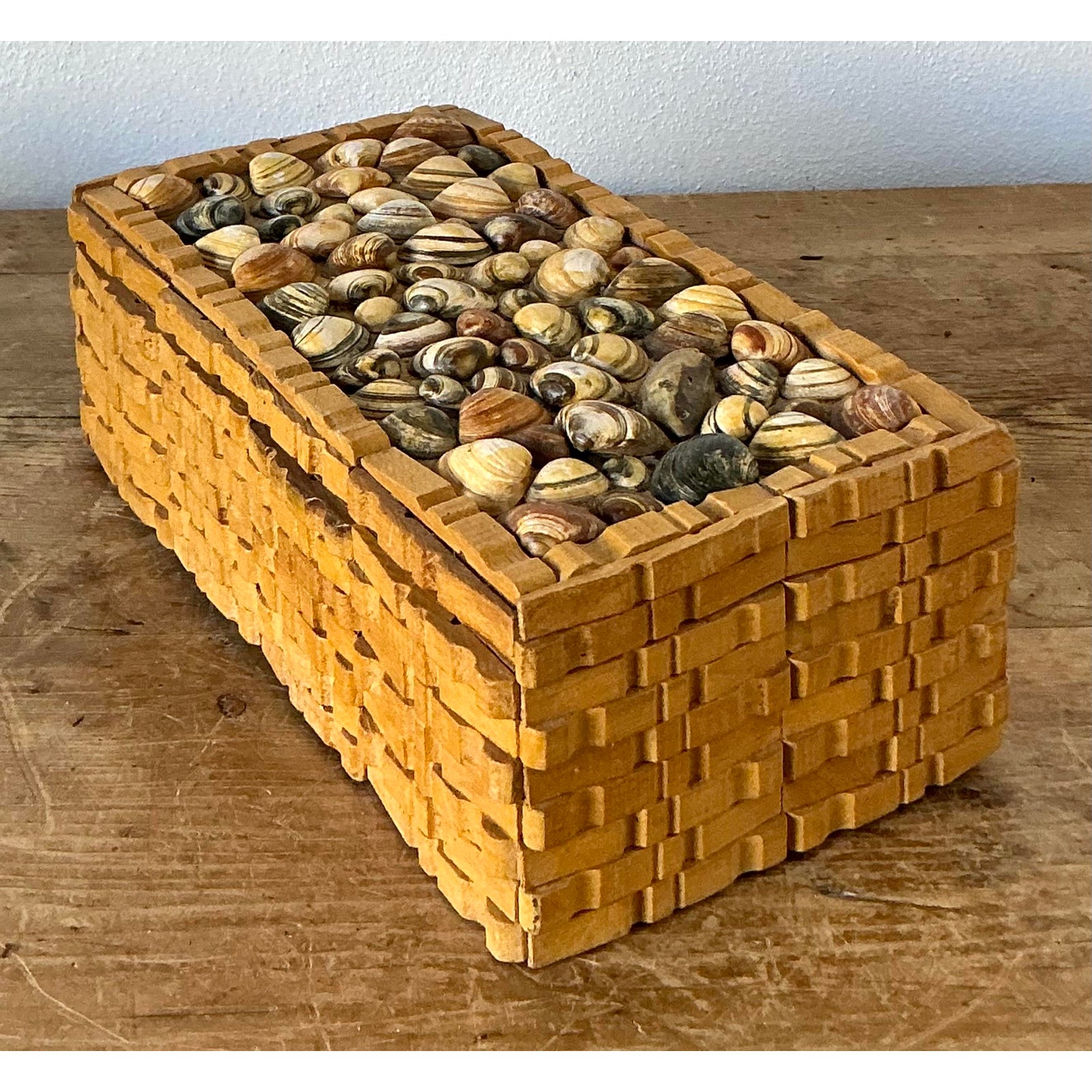 Vintage Boho Shell Encrusted Wood Box - Detail view