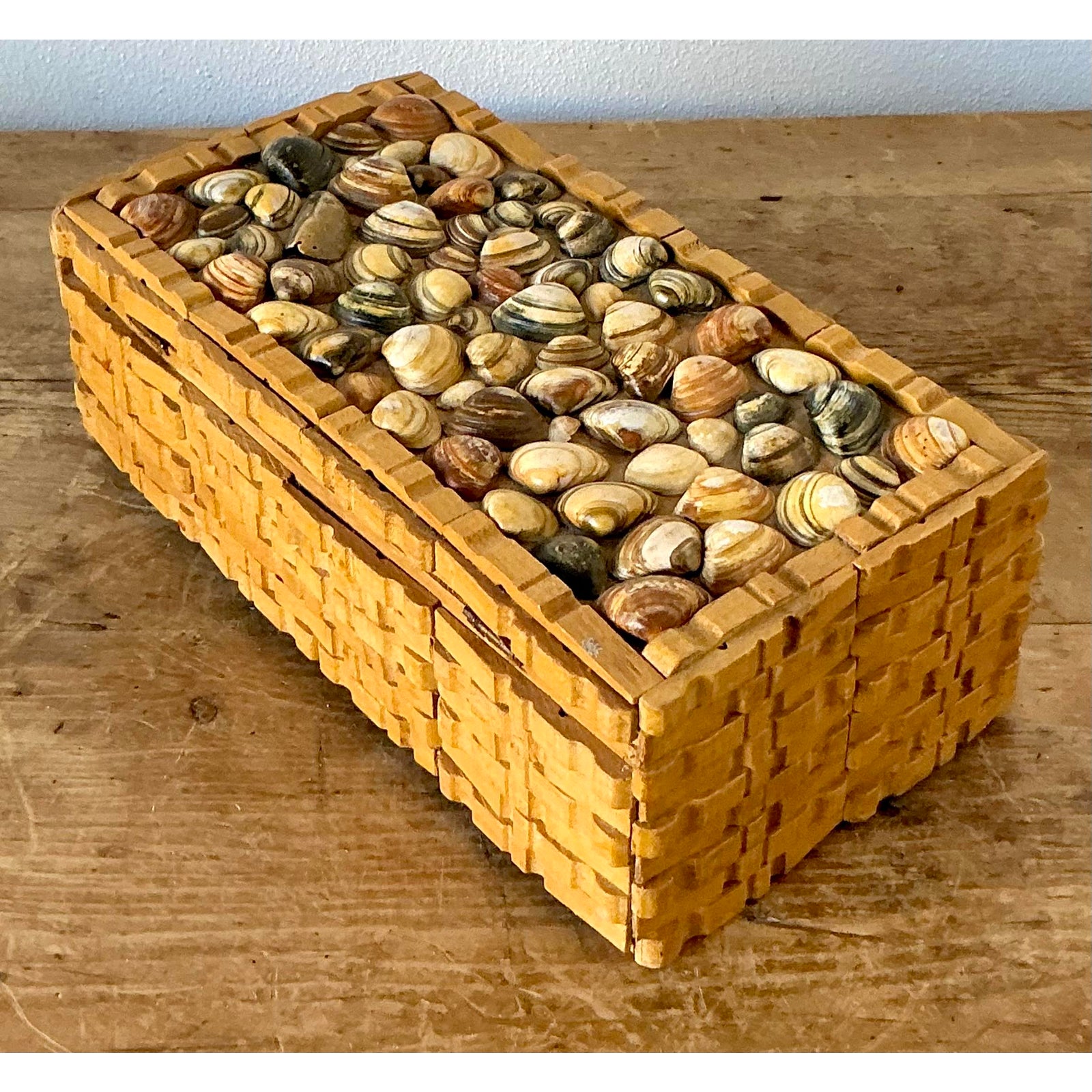 Vintage Boho Shell Encrusted Wood Box - Top view
