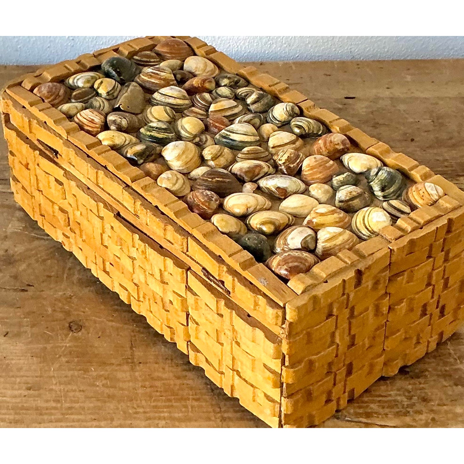 Vintage Boho Shell Encrusted Wood Box - Back view
