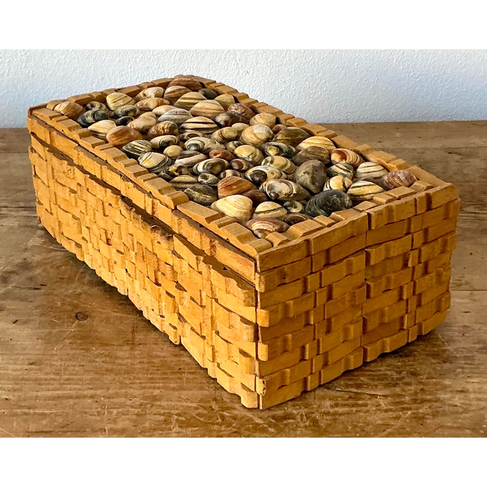 Vintage Boho Shell Encrusted Wood Box - Side view