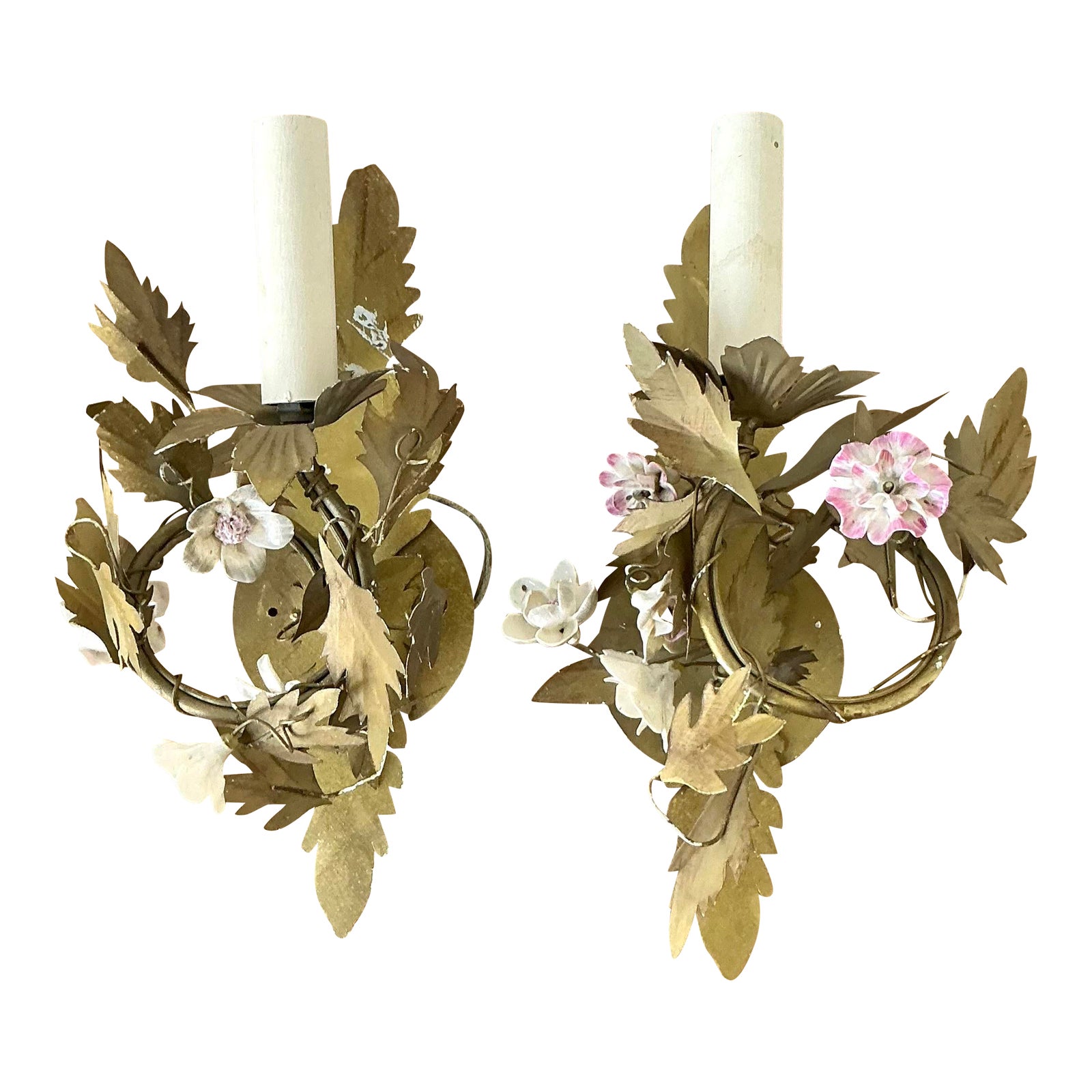 Vintage Regency Ceramic Flower Light Sconce - A Pair