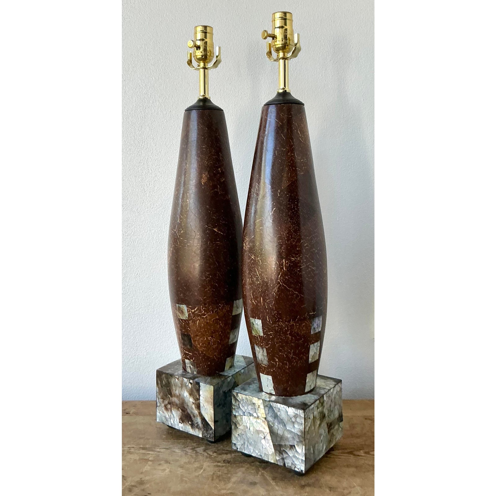 Vintage Boho Coconut Shell Lamps - A Pair - Side view